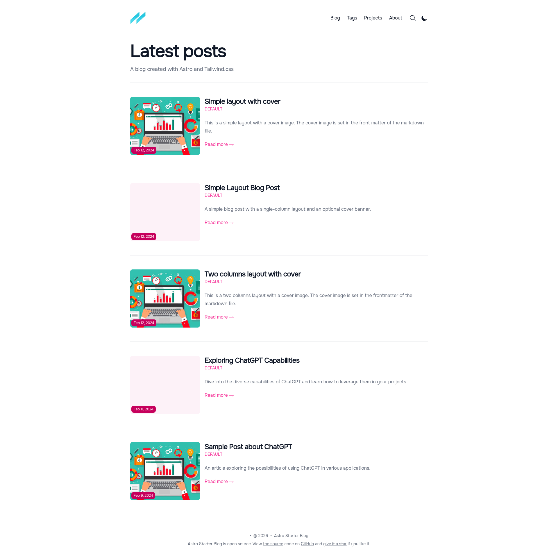 screenshot of Tailwind Astro Starter Blog on template0.com