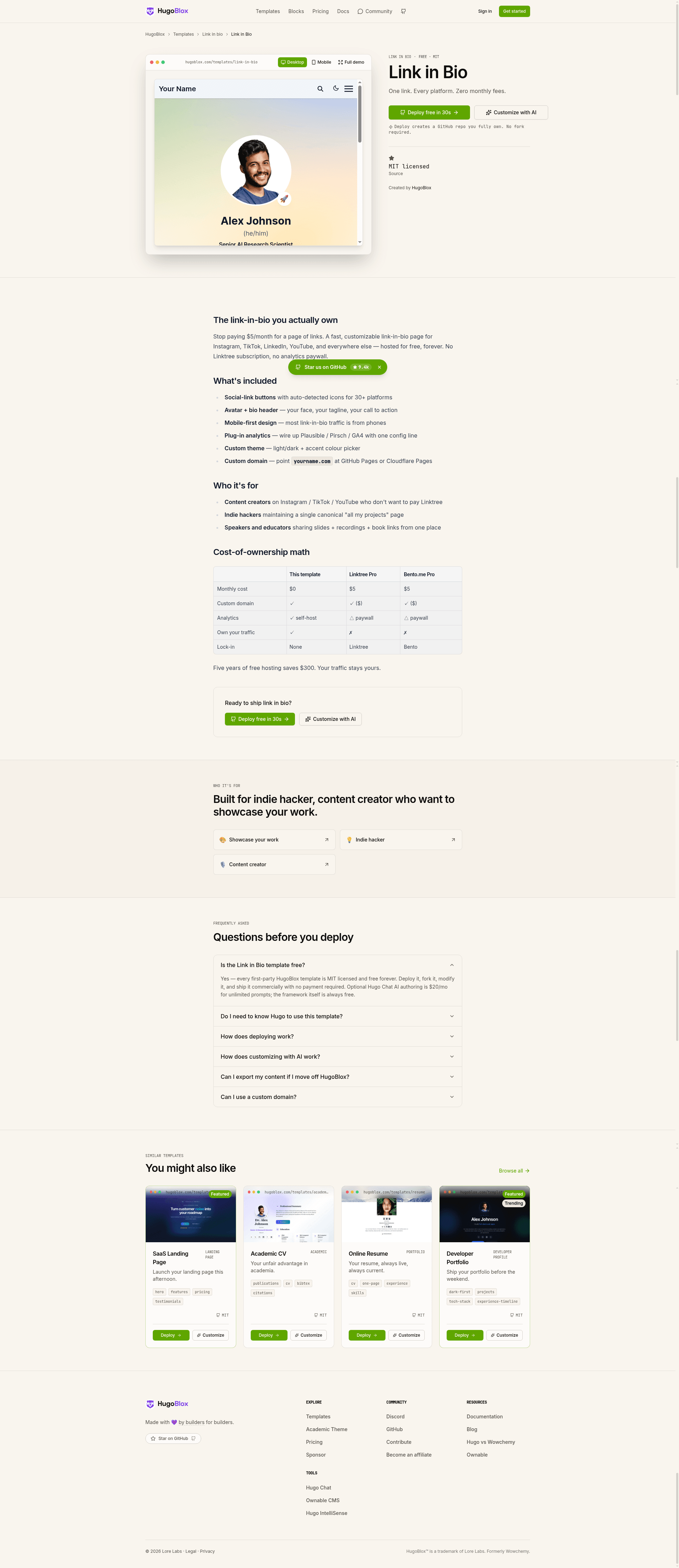 screenshot of Hugo Theme Link-in-Bio on template0.com