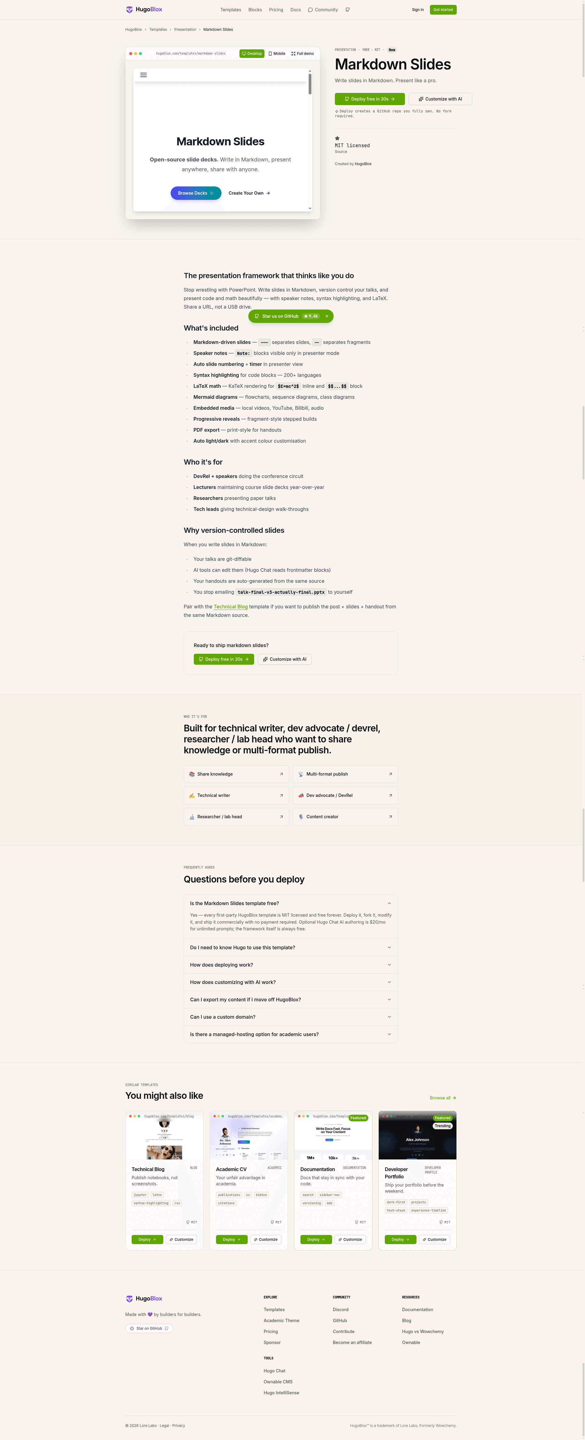 screenshot of Markdown Slides on template0.com