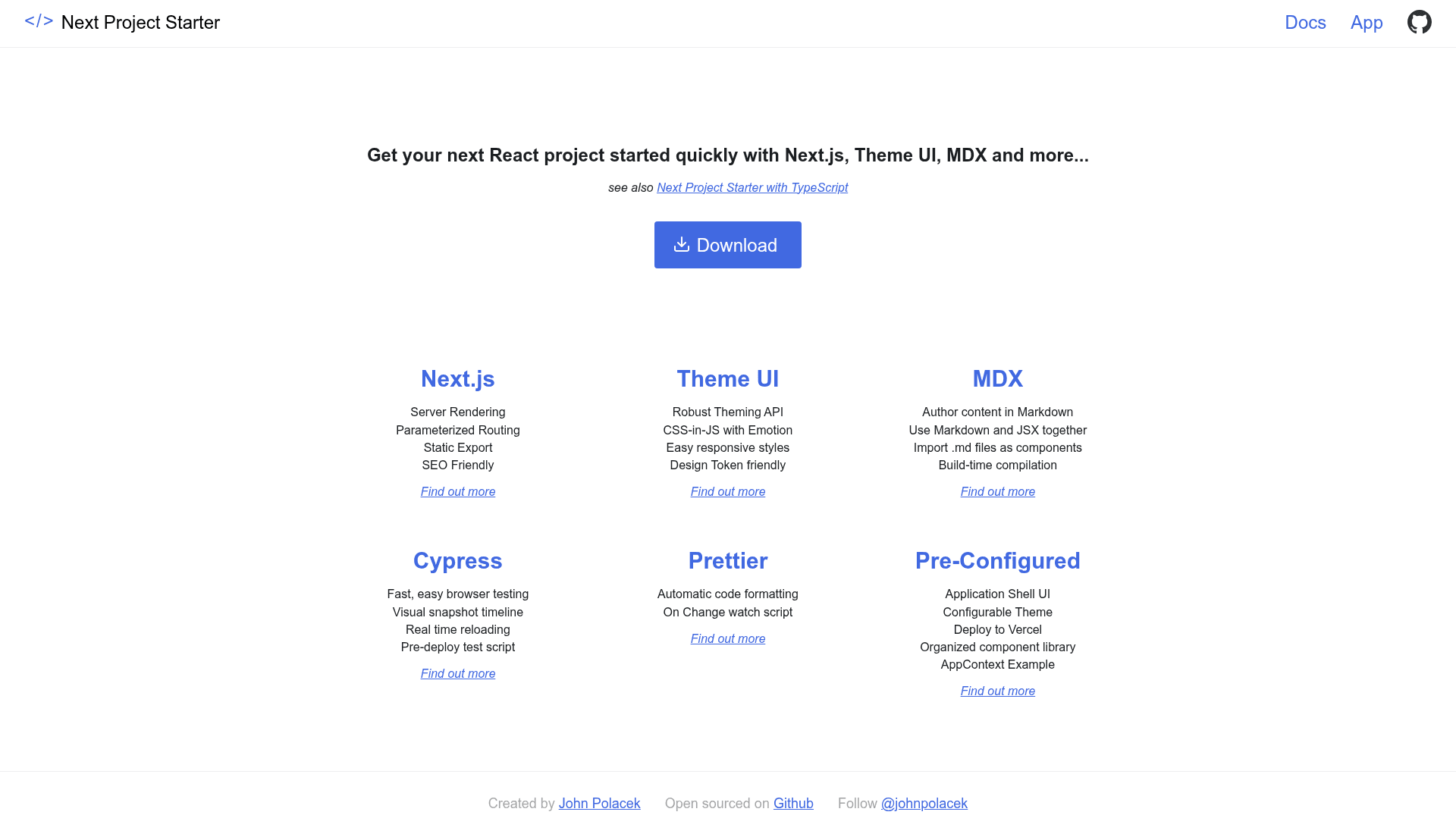 screenshot of Next Project Starter on template0.com
