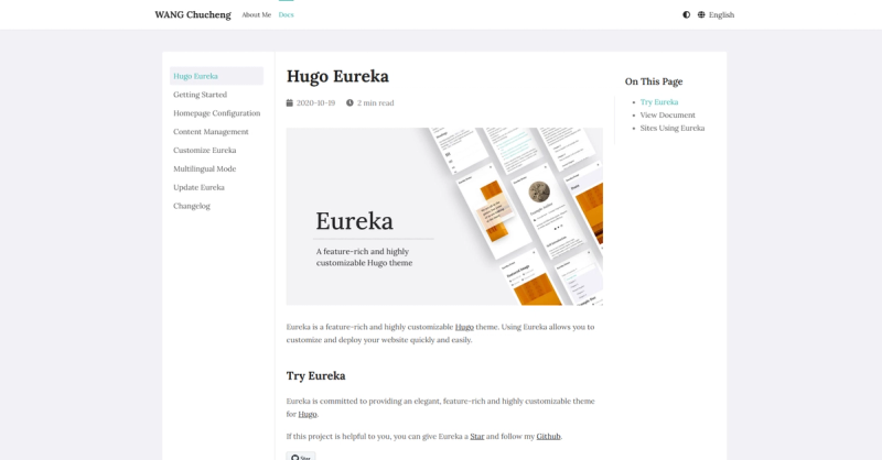 Image for Eureka(documentation hugo template) on template0.com