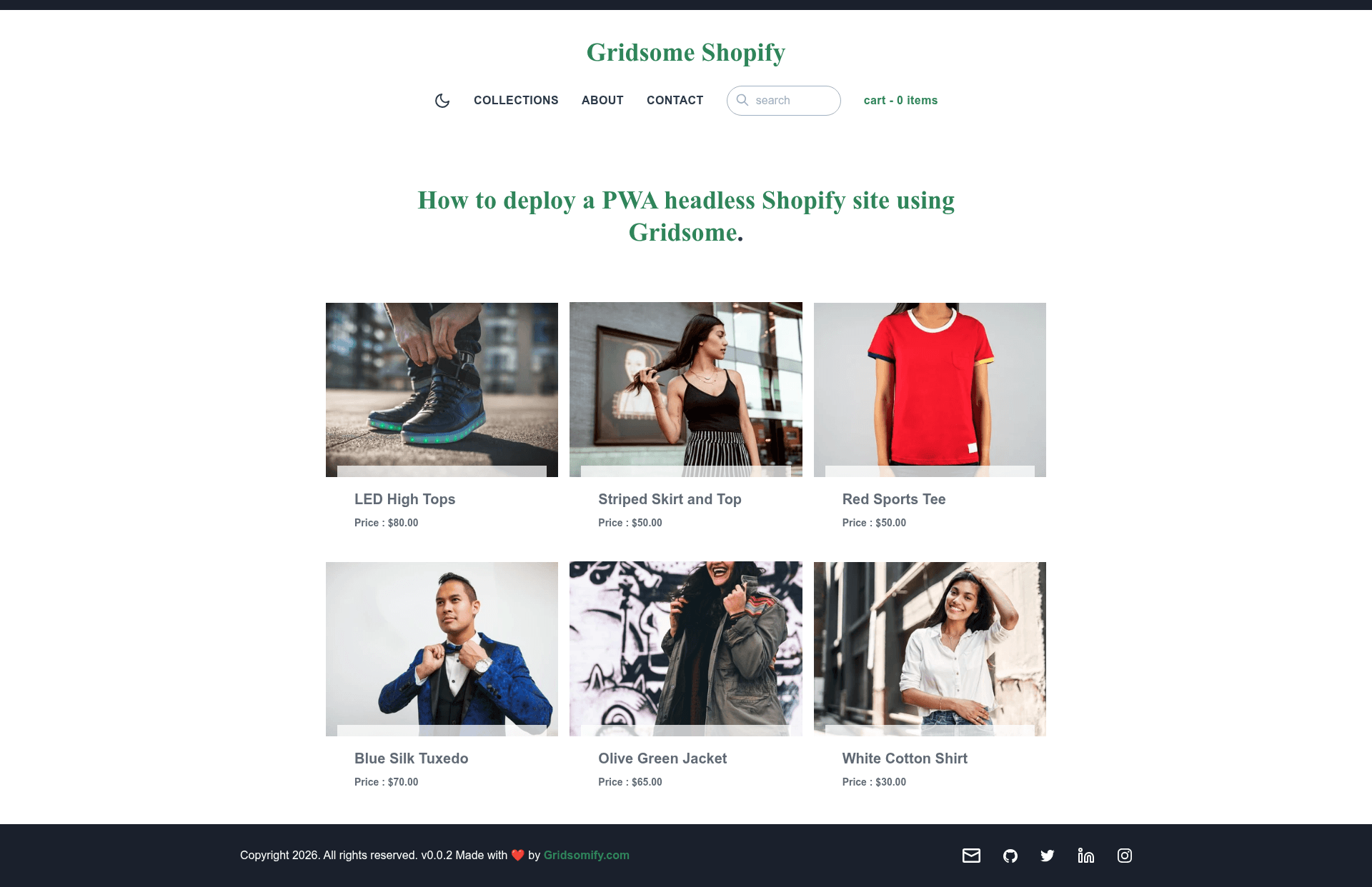 screenshot of Shopify PWA Starter for Gridsome on template0.com
