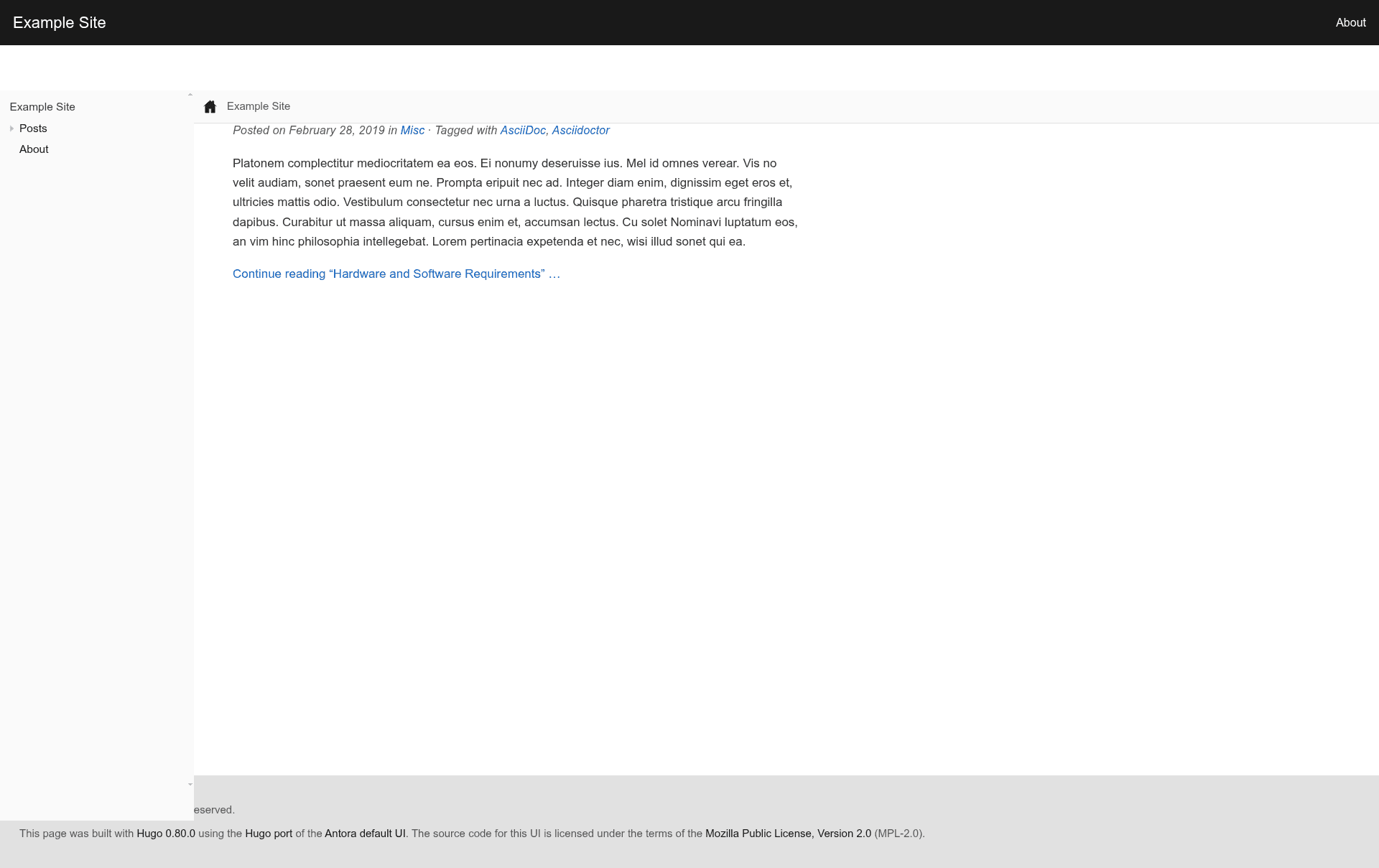 screenshot of Antora Default UI Hugo Theme on template0.com