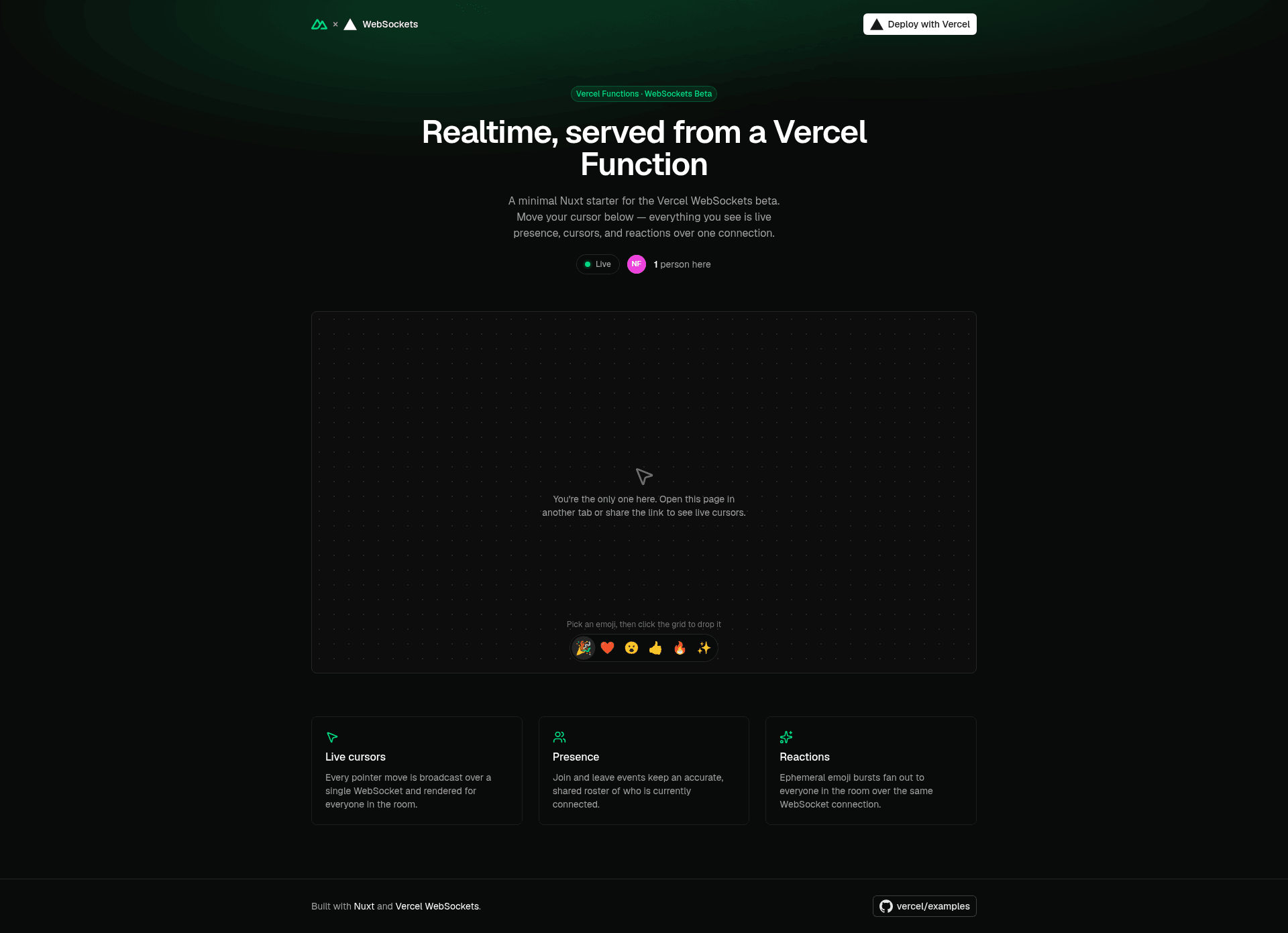 screenshot of Nuxt + WebSockets Starter on template0.com