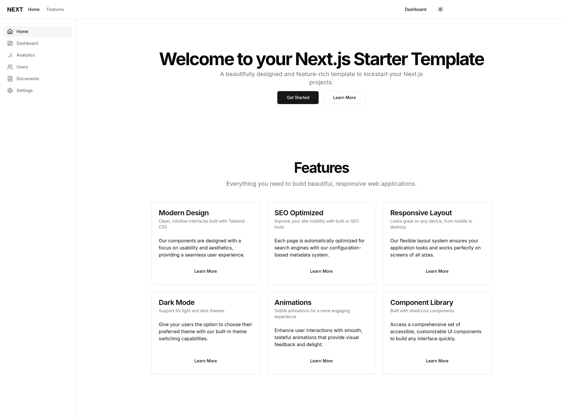 screenshot of NextJS-featuredStarterTemplate on template0.com