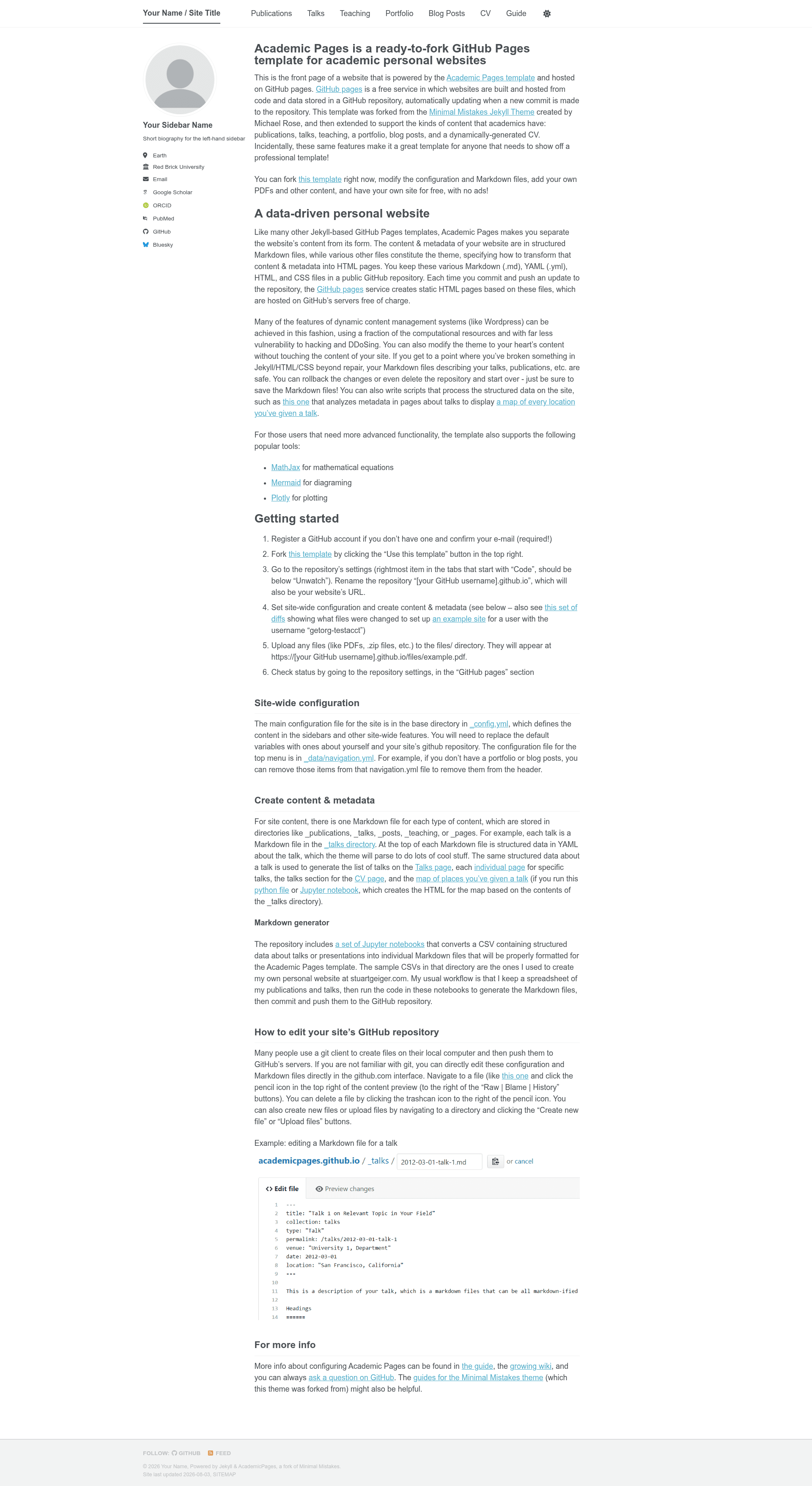 screenshot of Academic Pages on template0.com