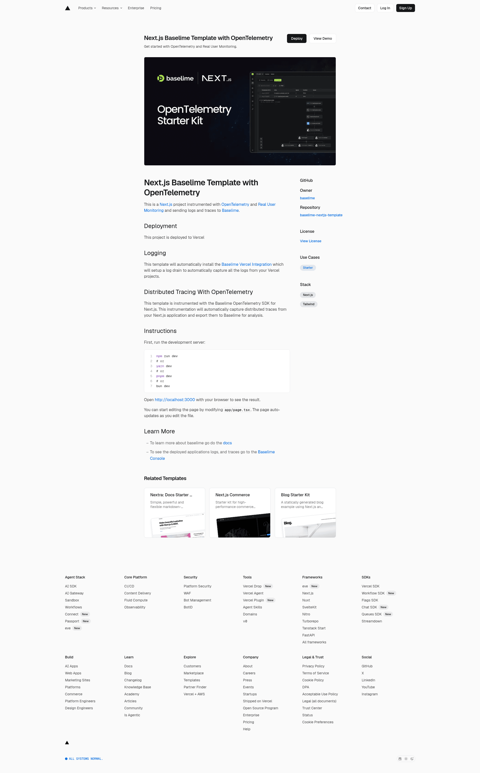 screenshot of Next.js Baselime Template with OpenTelemetry on template0.com