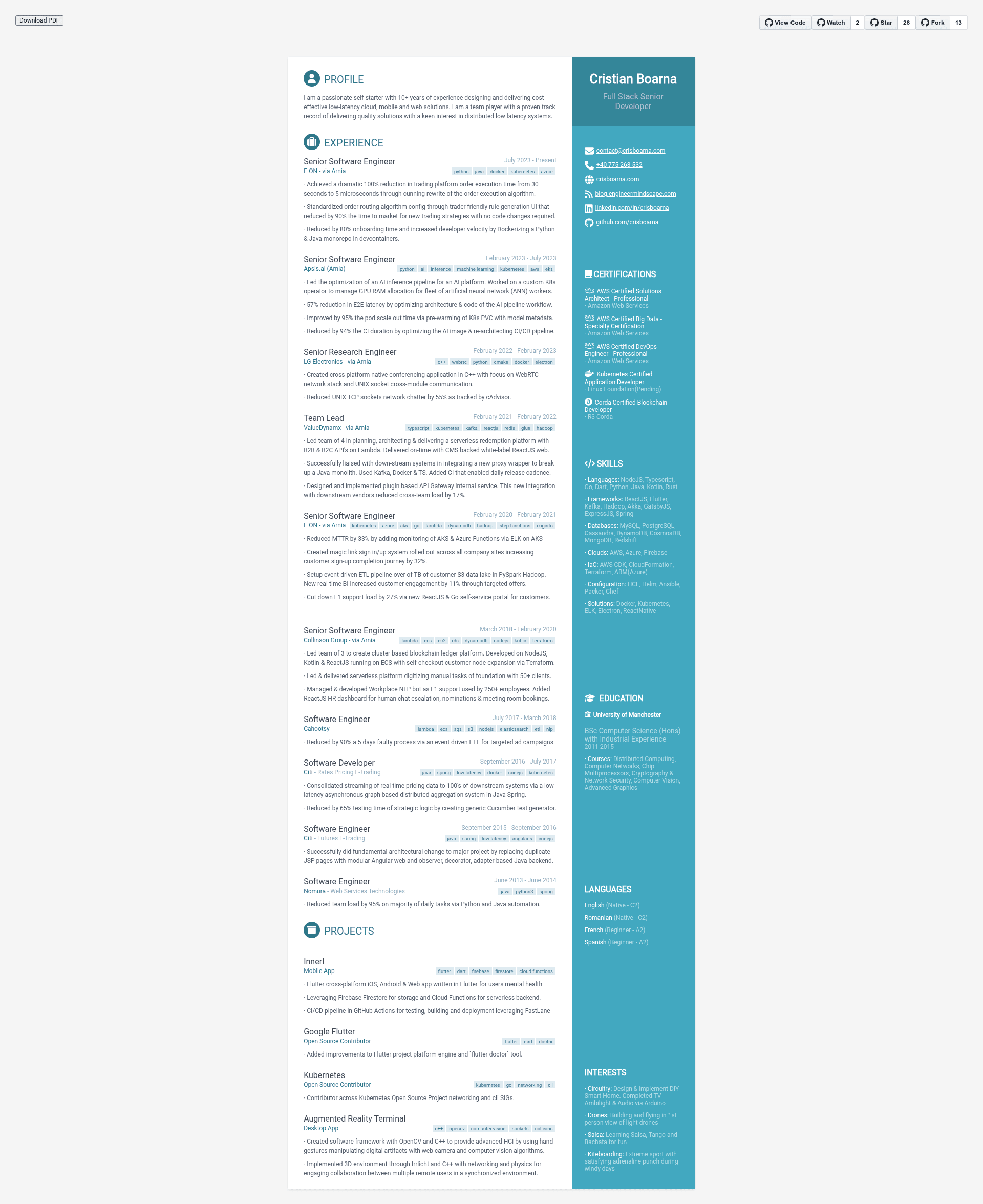 screenshot of react-cv on template0.com