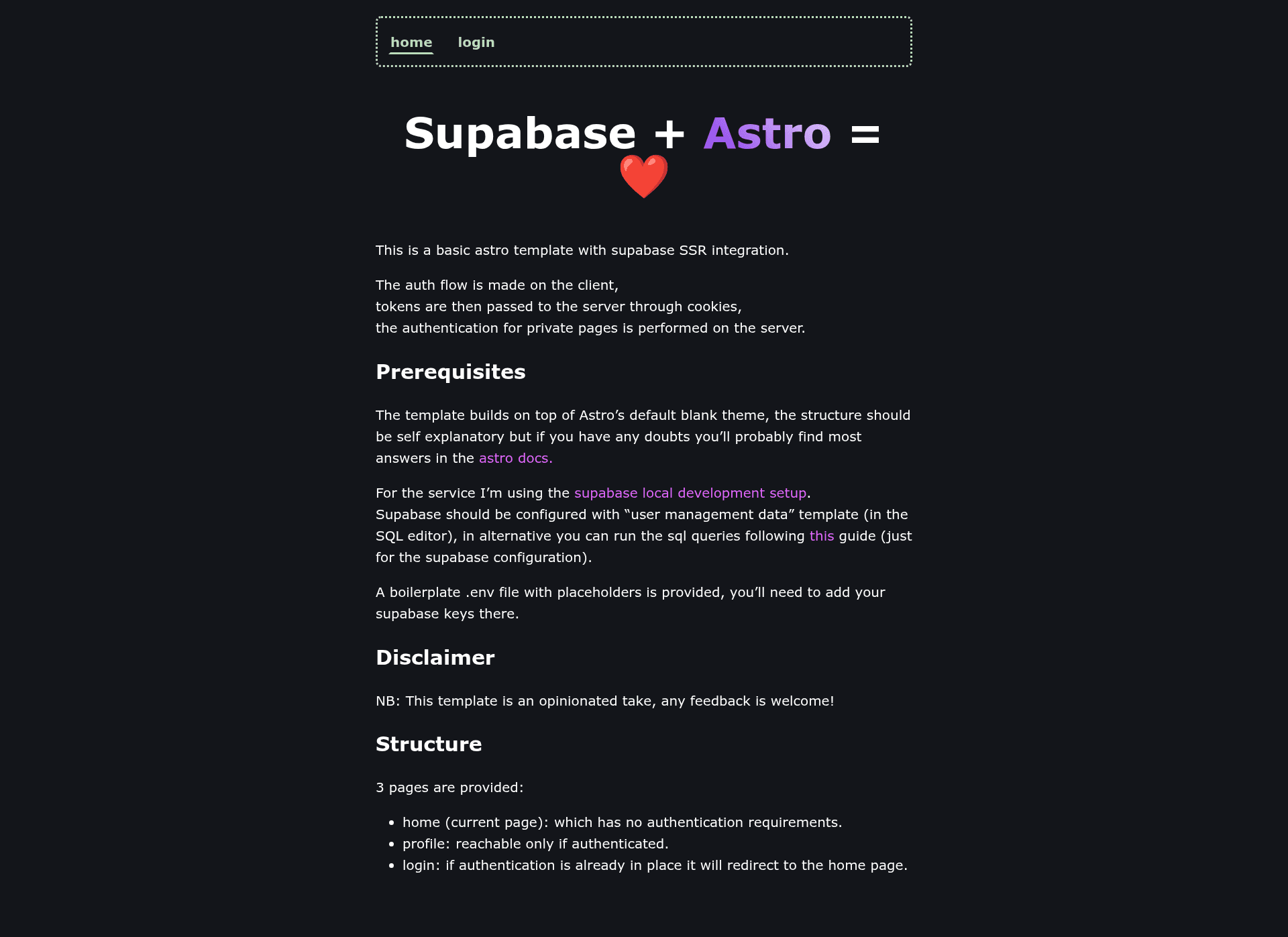 screenshot of Supabase + Astro Template on template0.com