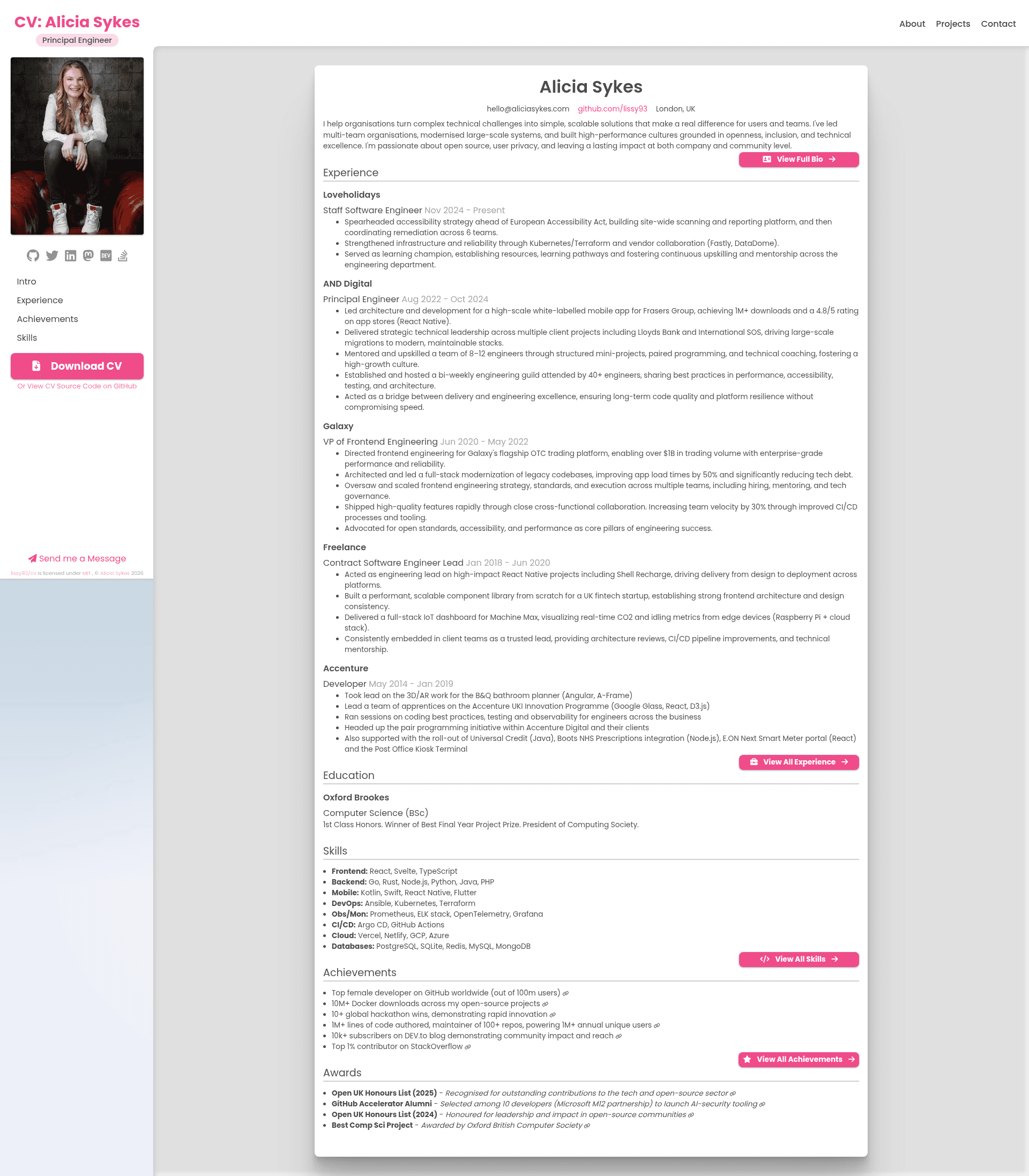 screenshot of Alicia Sykes - CV on template0.com