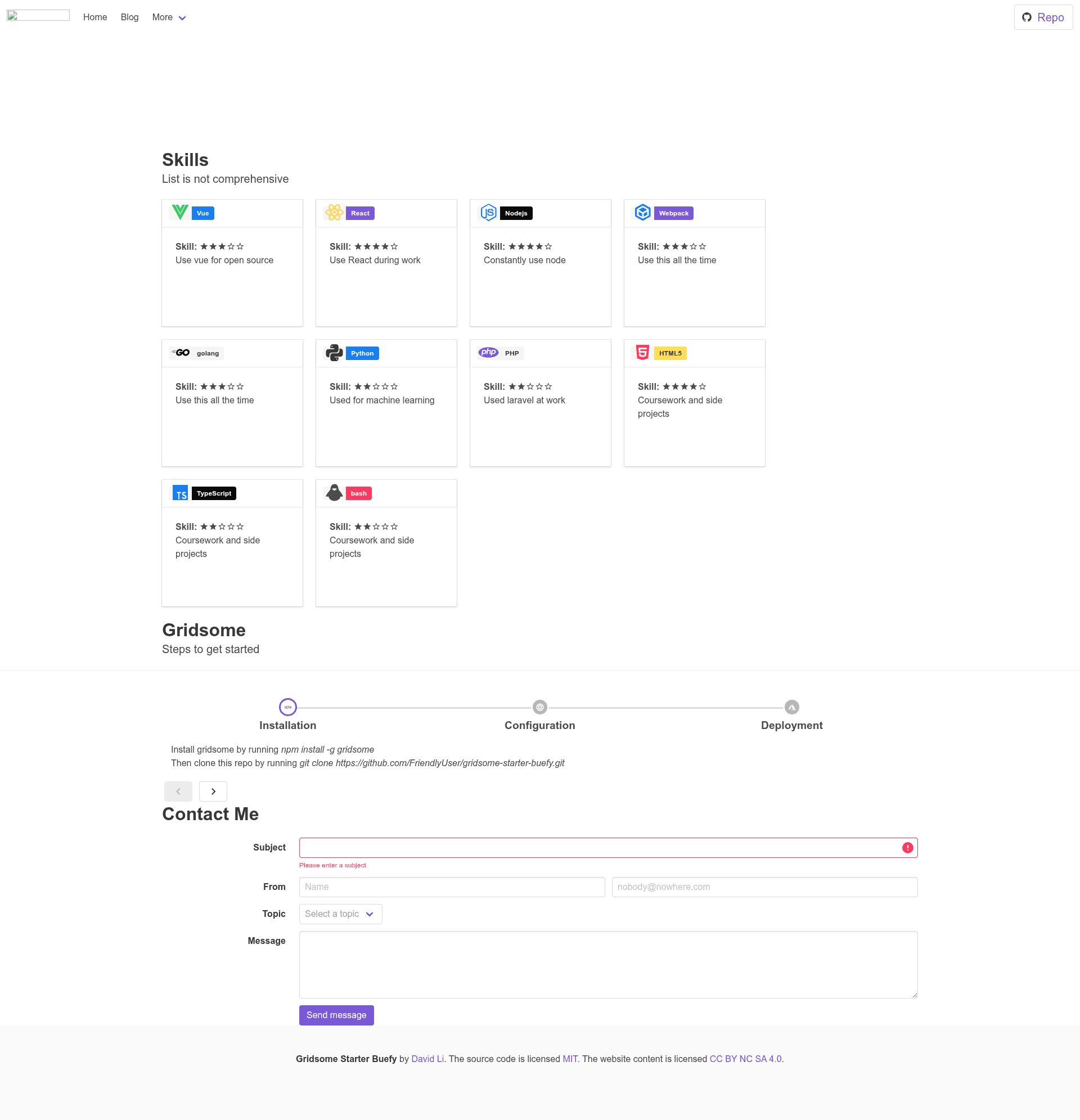 screenshot of Gridsome Buefy Starter on template0.com