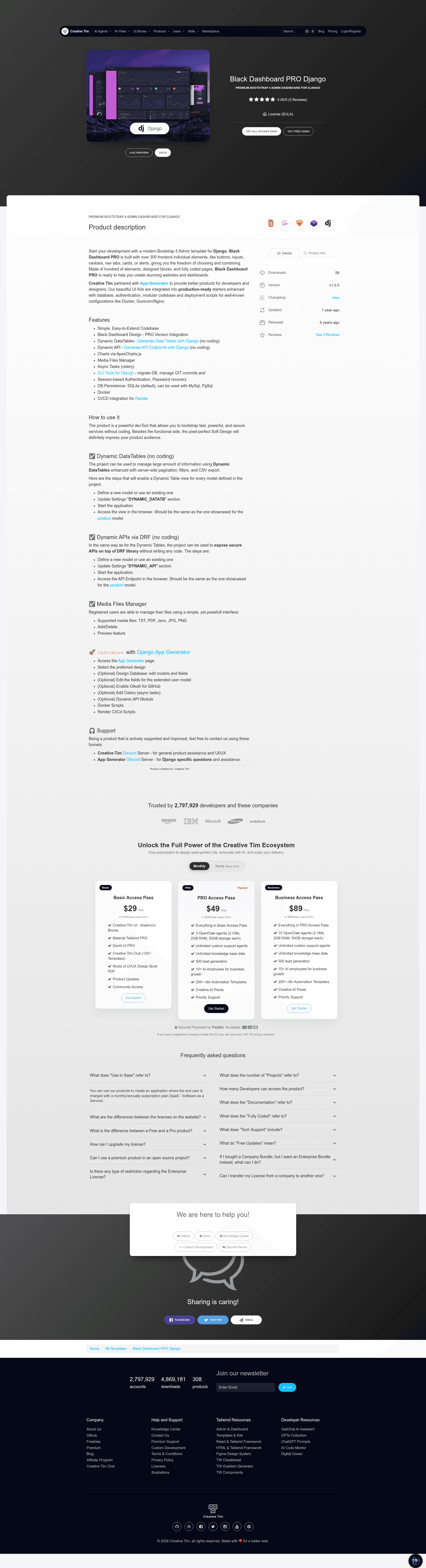 screenshot of Black Dashboard PRO Django on template0.com