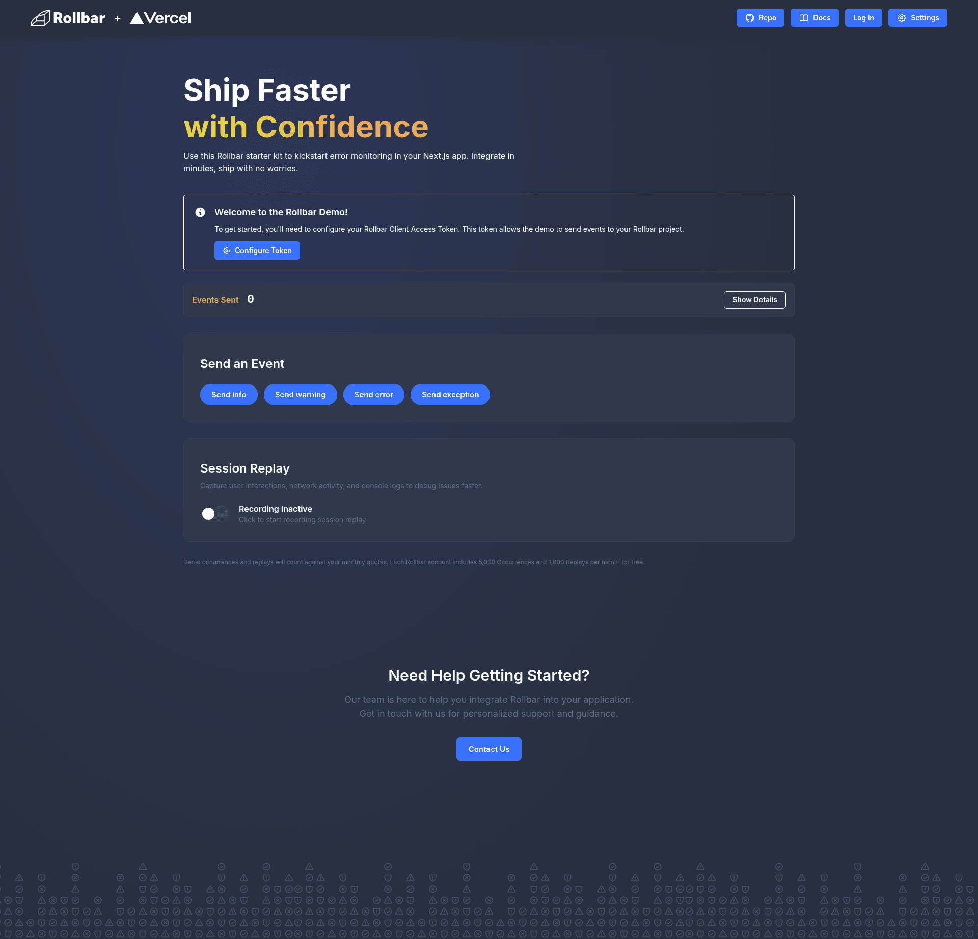 screenshot of Rollbar Next.js Starter Kit on template0.com