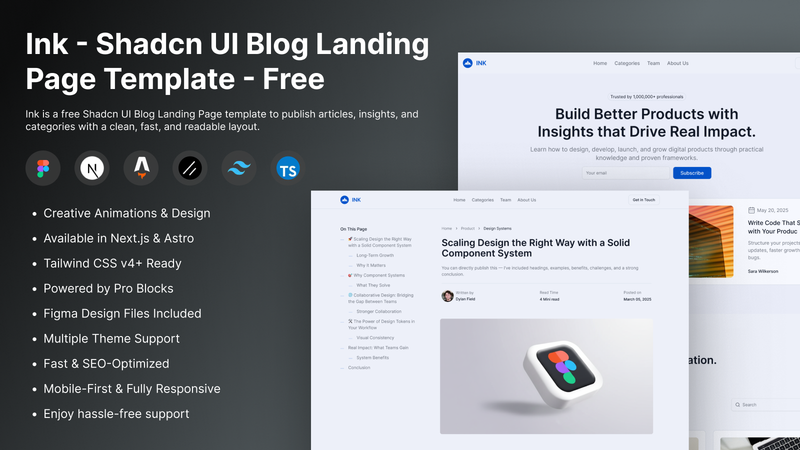 Image for Ink - Shadcn UI Blog Landing Page Template on template0.com Image for Ink - Shadcn UI Blog Landing Page Template on template0.com