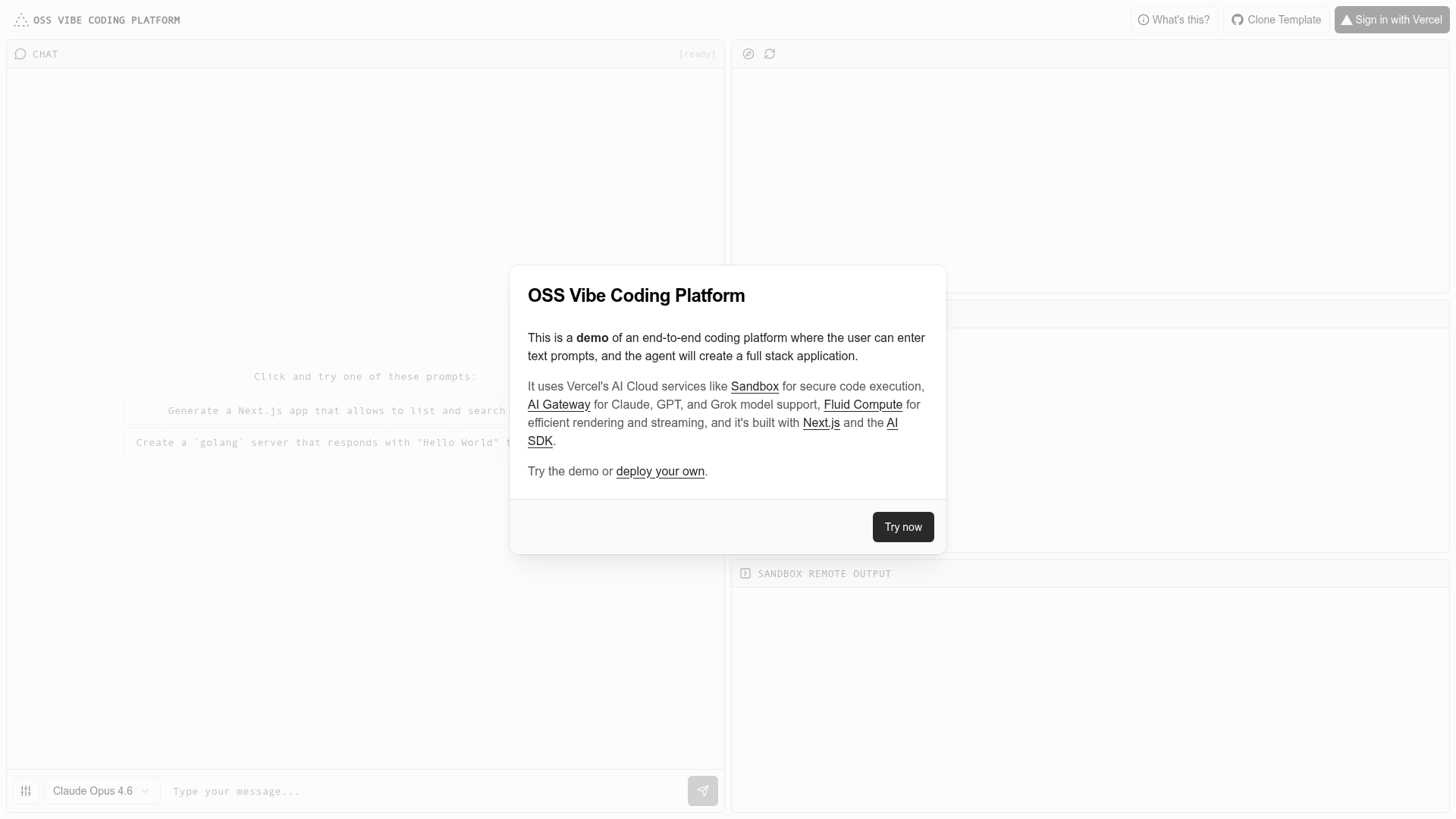 screenshot of Vibe Coding Platform on template0.com