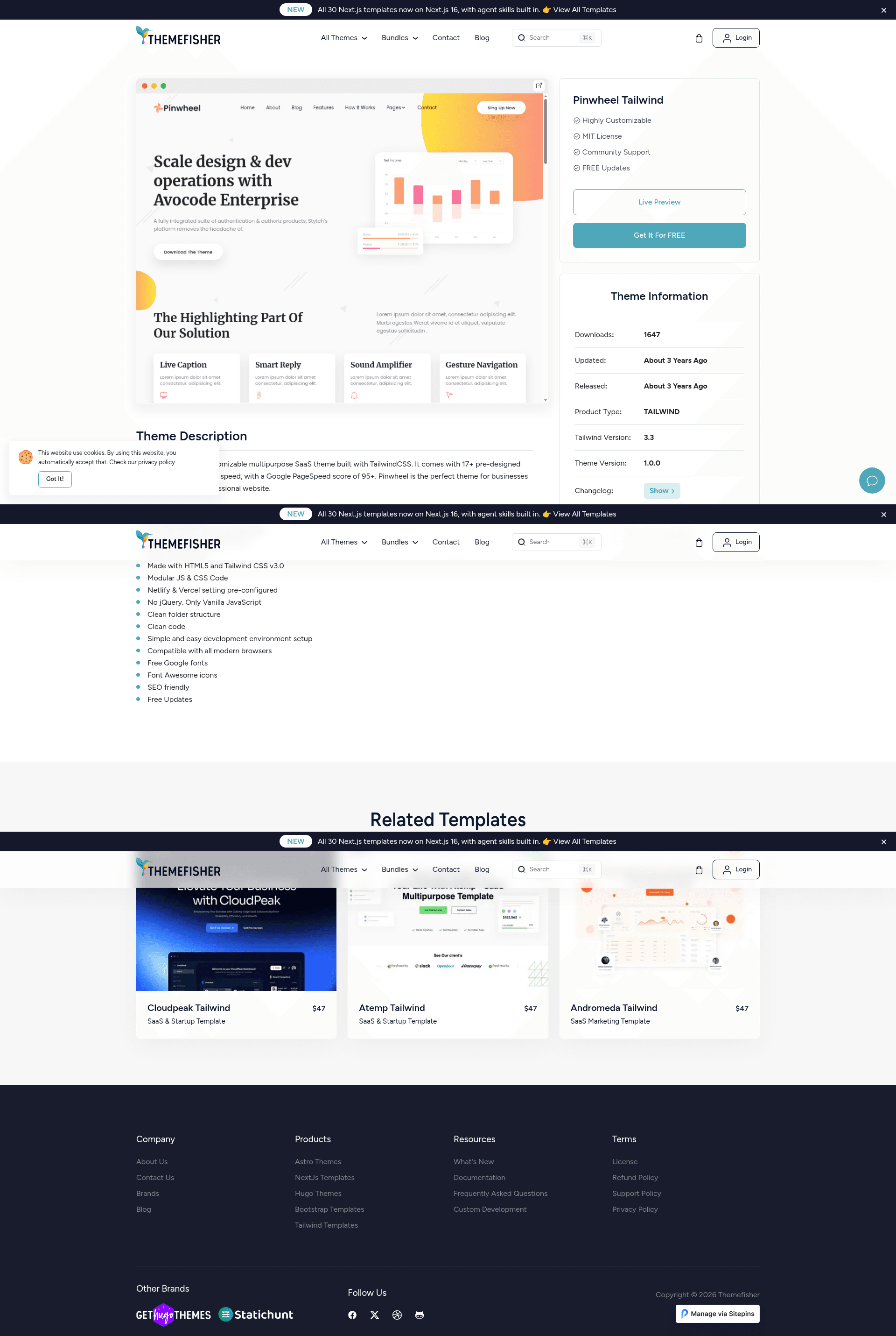 screenshot of Pinwheel Tailwind on template0.com