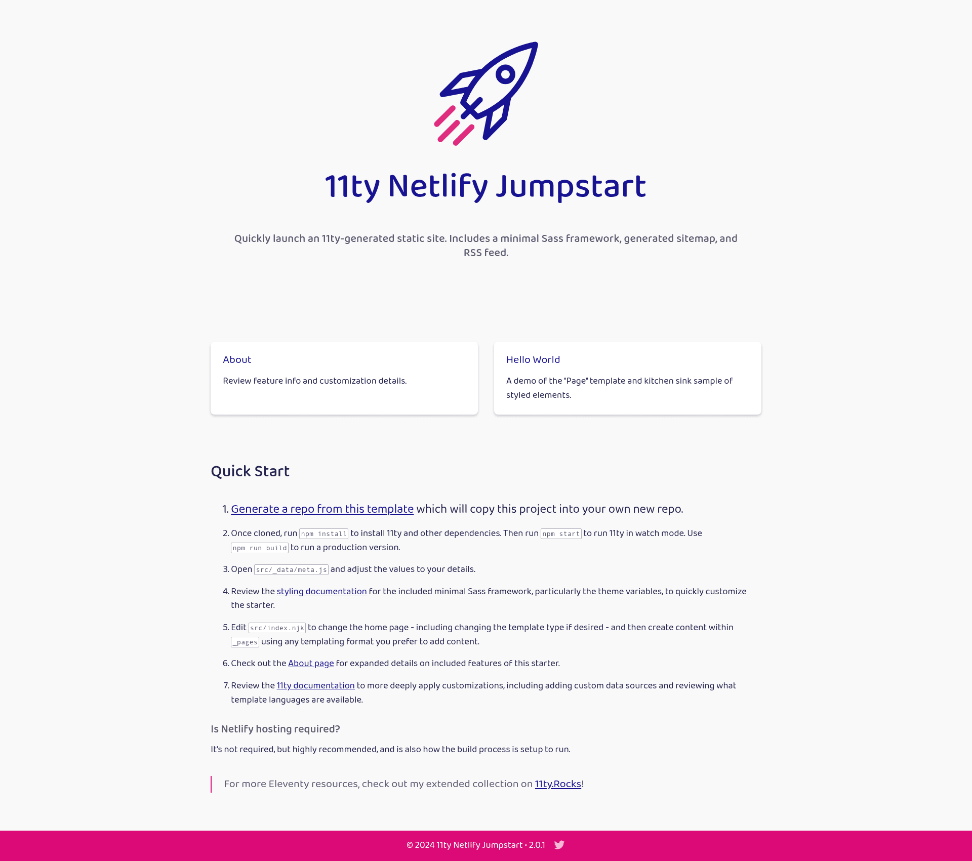screenshot of 11ty Netlify Jumpstart on template0.com