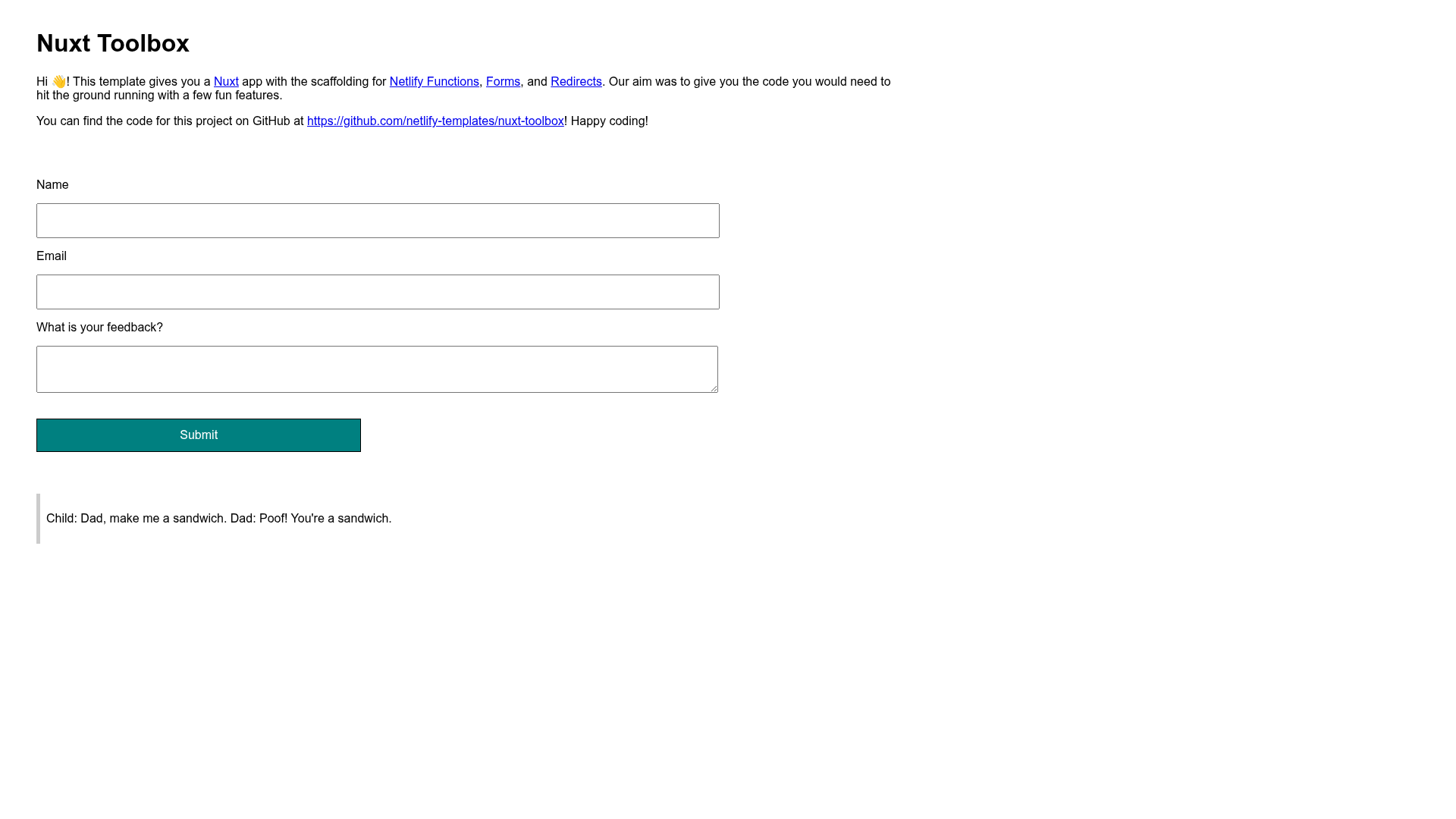 screenshot of Nuxt Toolbox Template on template0.com