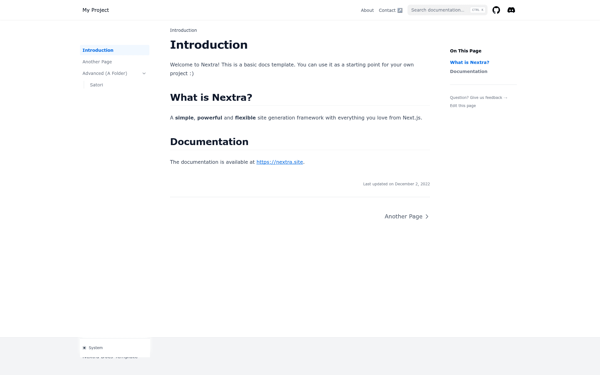 screenshot of Nextra Docs Template on template0.com