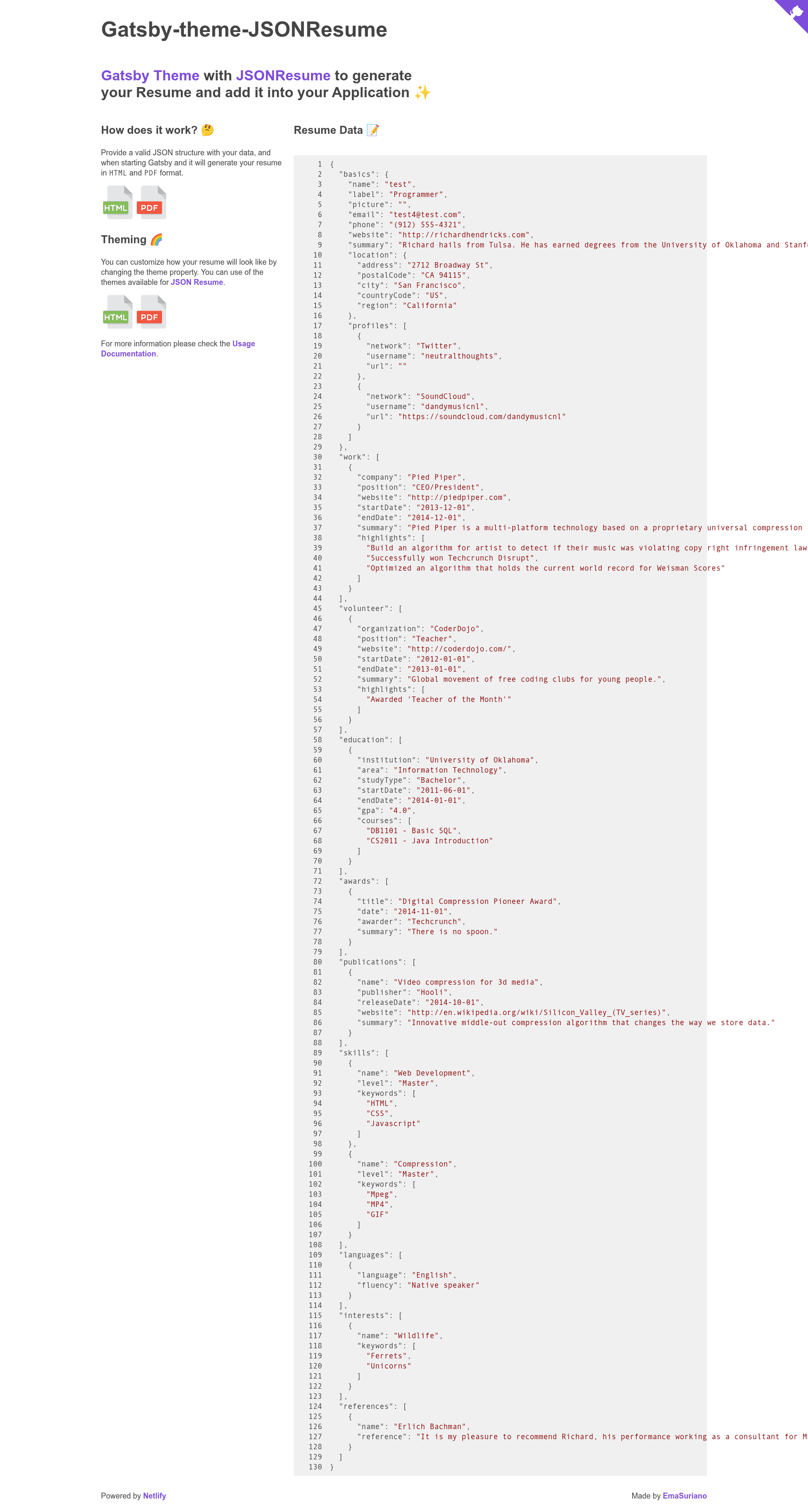 screenshot of gatsby-theme-jsonresume on template0.com