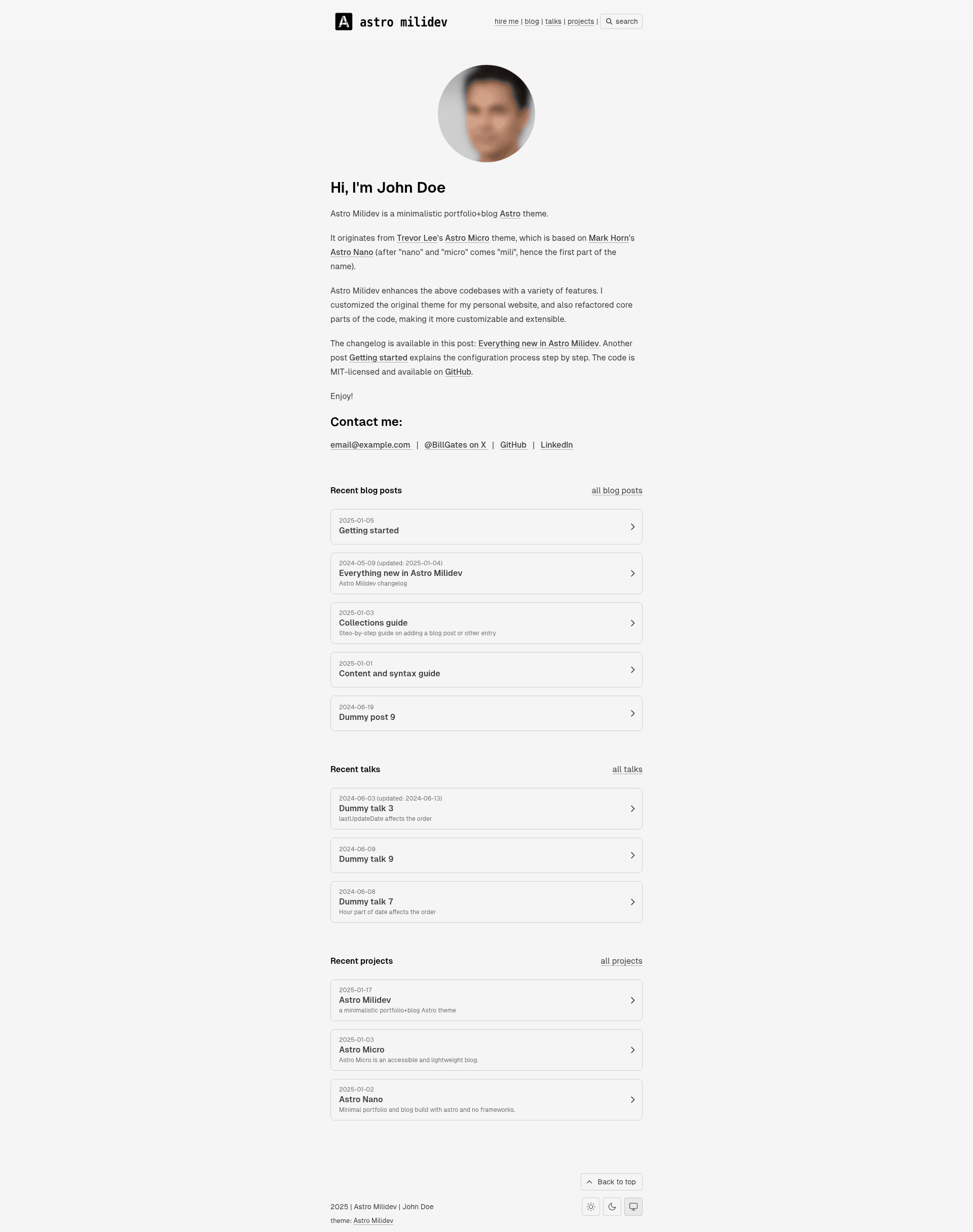 screenshot of Astro Milidev on template0.com