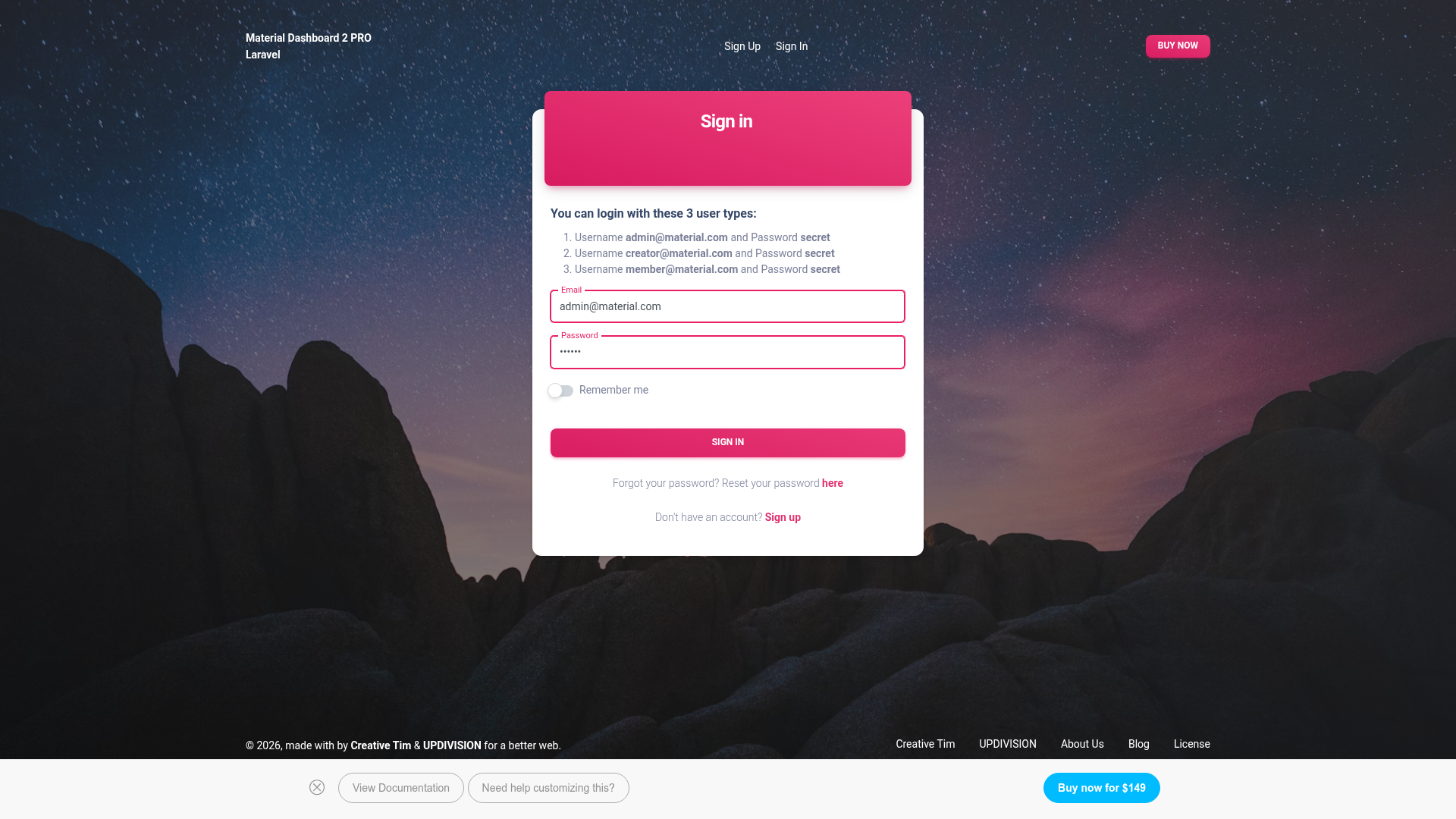 screenshot of Material Dashboard 2 PRO Laravel on template0.com