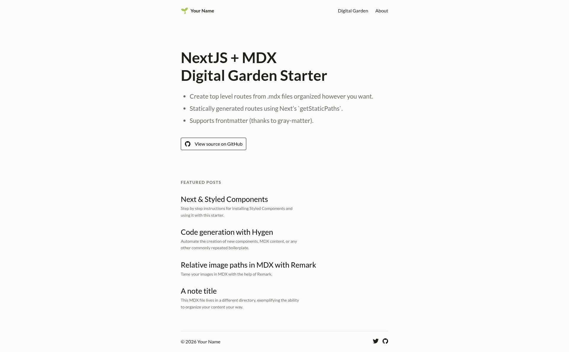 screenshot of Next + MDX Digital Garden Starter on template0.com