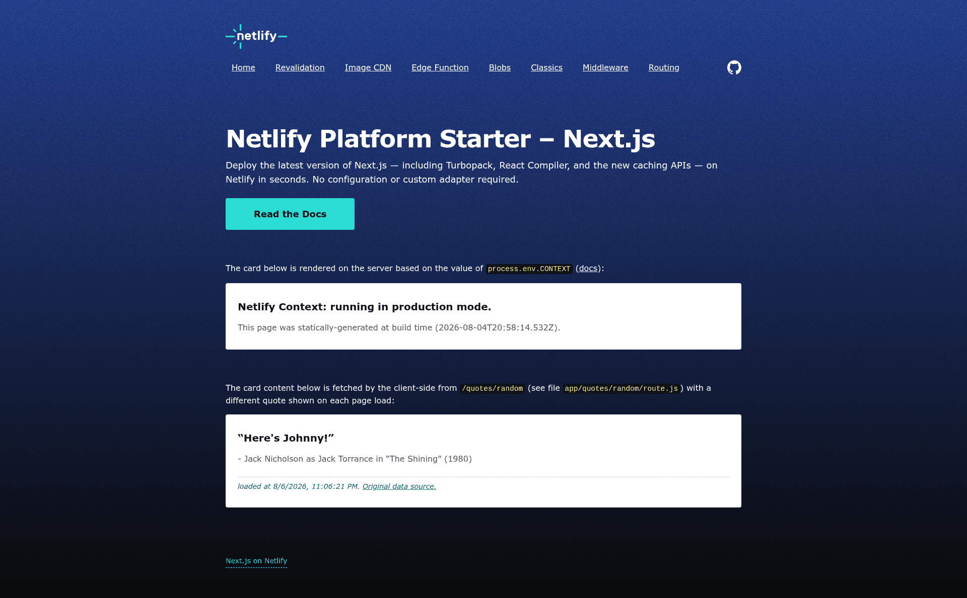 screenshot of Next.js on Netlify Platform Starter on template0.com
