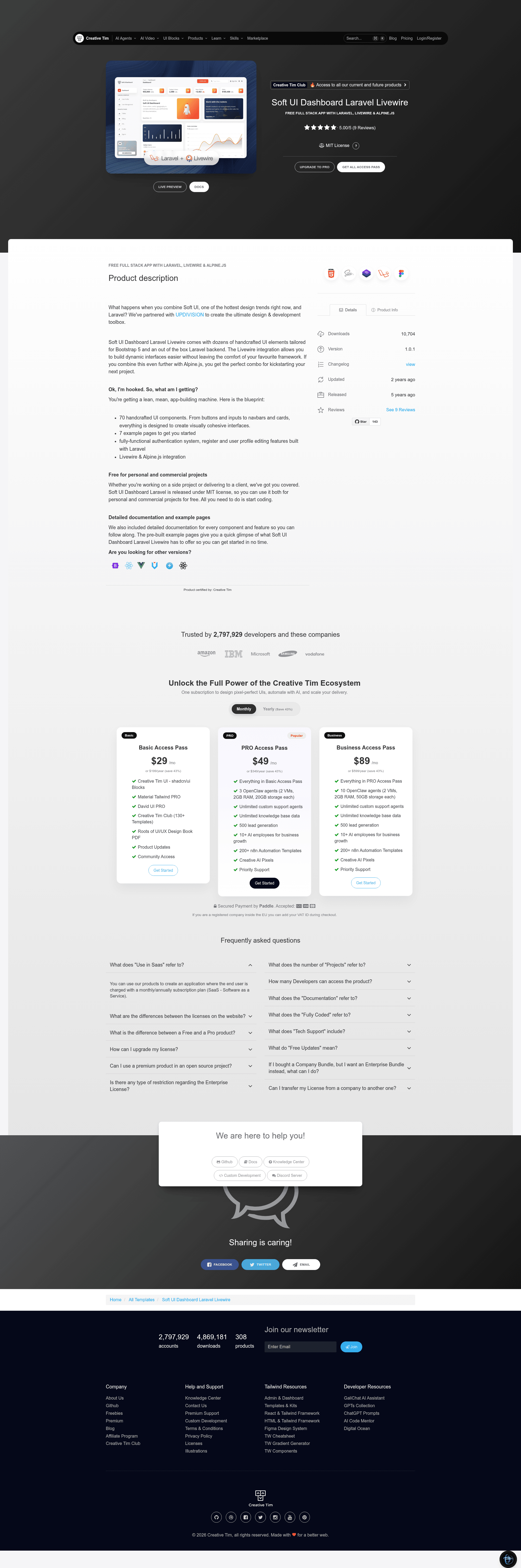 screenshot of Soft UI Dashboard Laravel Livewire on template0.com