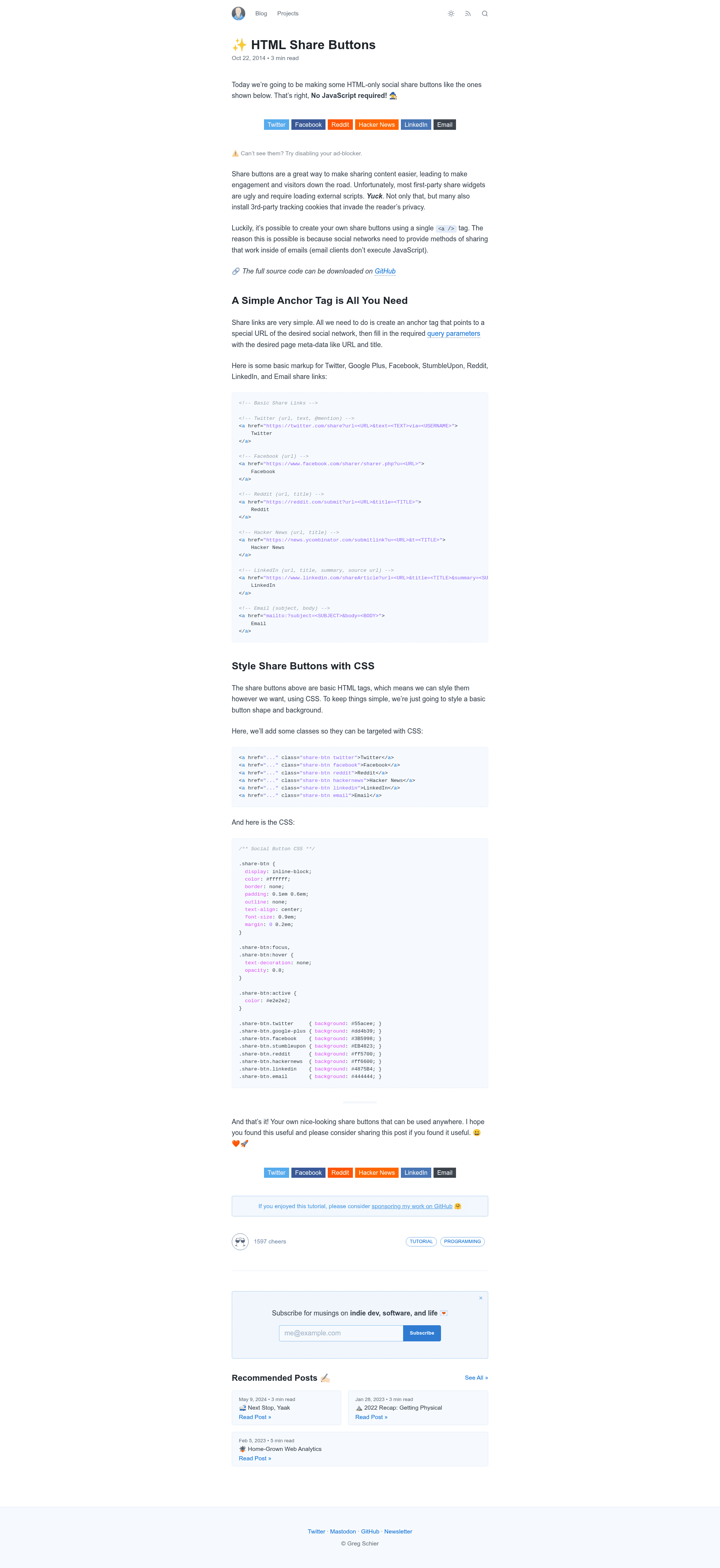 screenshot of HTML-Only Share Buttons on template0.com