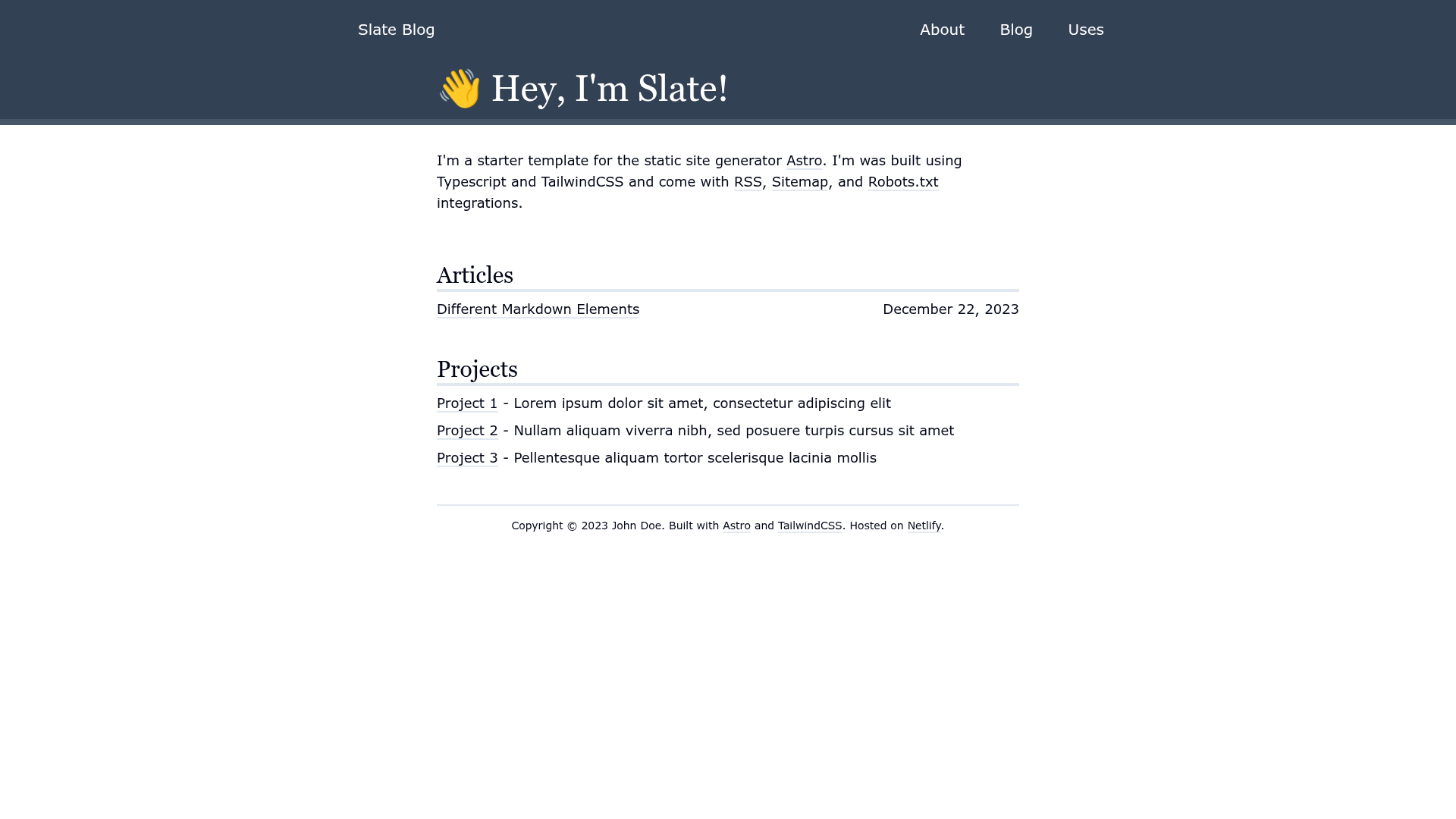 screenshot of Slate Astro Template on template0.com