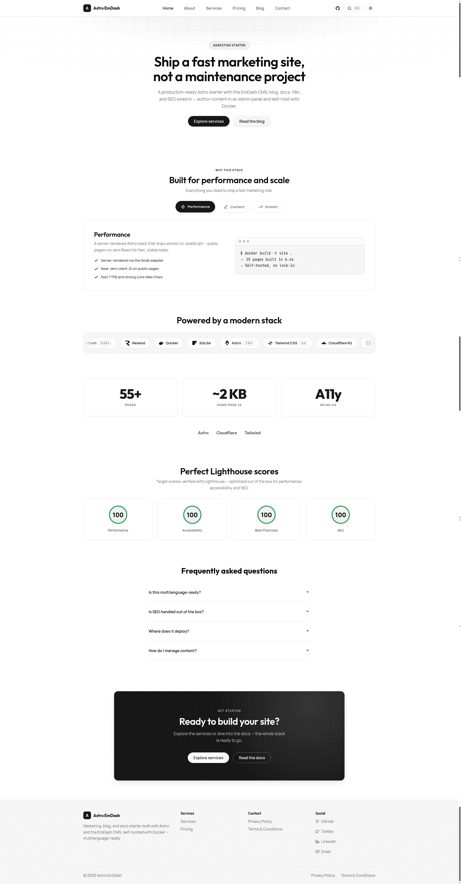 screenshot of Astro EmDash Starter on template0.com