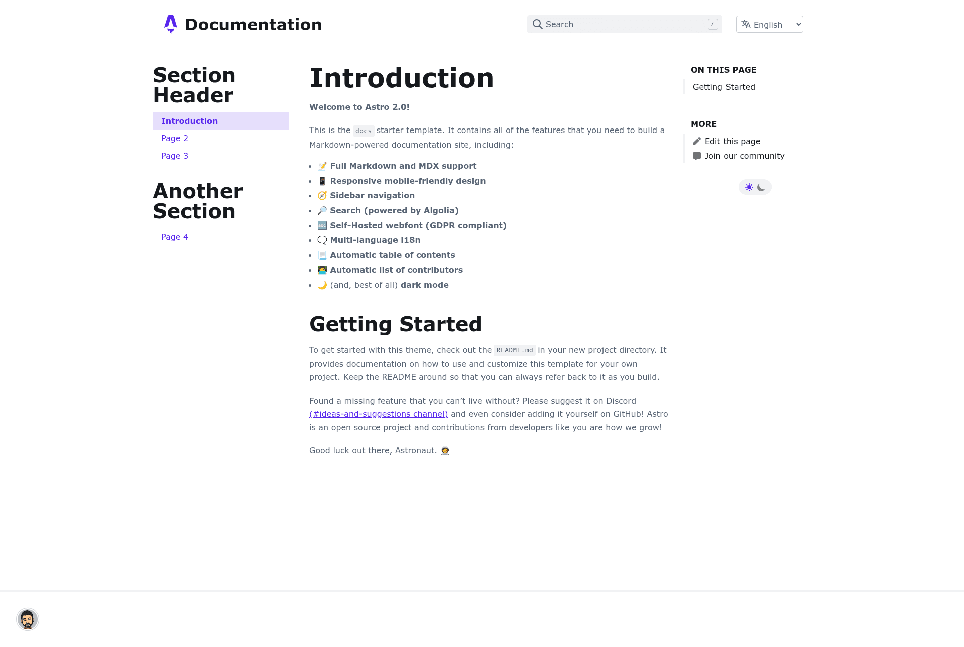 screenshot of Astro Docs Template on template0.com