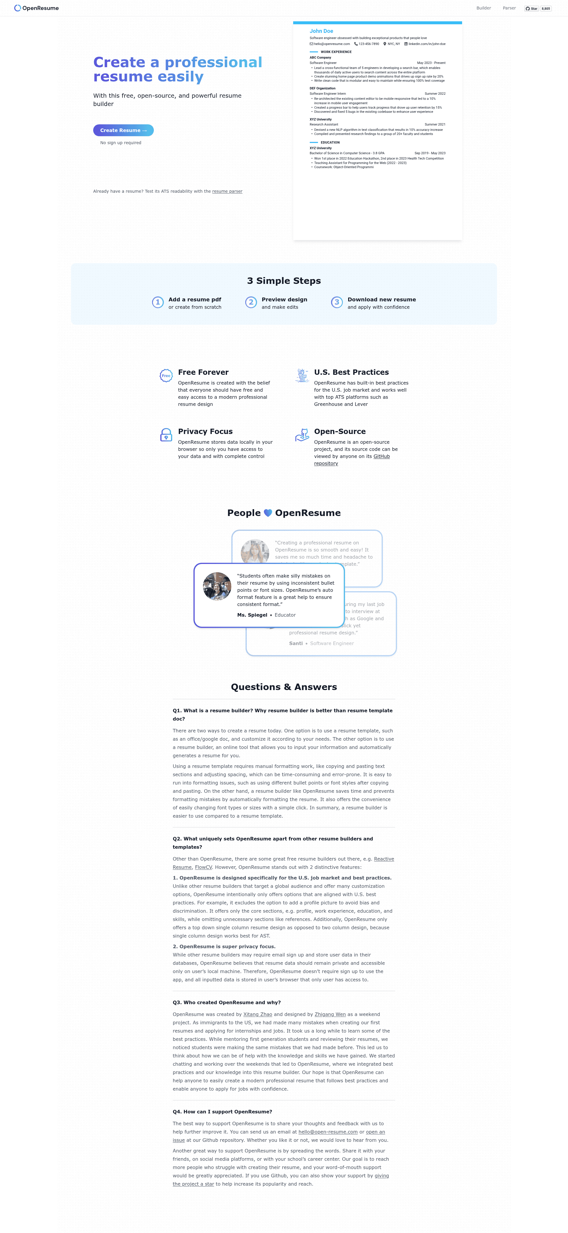 screenshot of OpenResume on template0.com