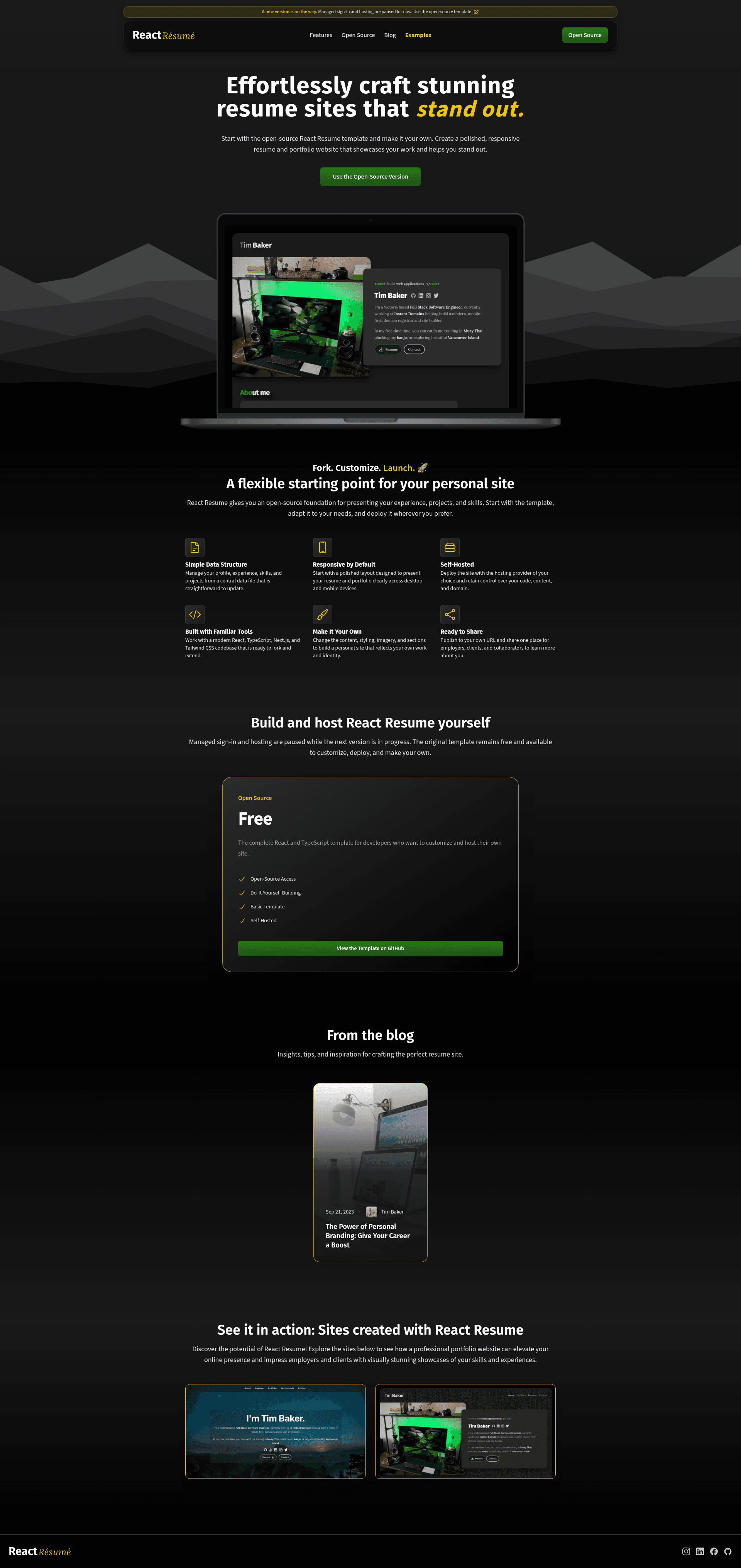 screenshot of React Resume on template0.com