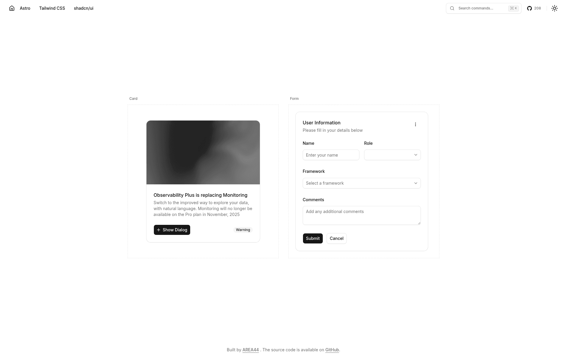 screenshot of Astro Shadcn UI Template on template0.com