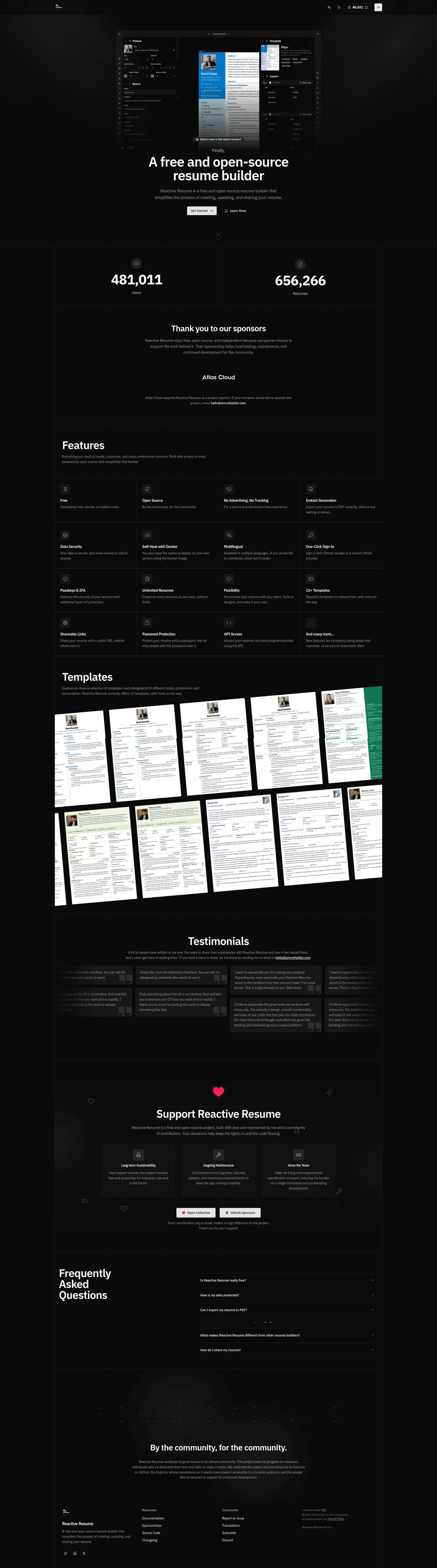 screenshot of Reactive Resume on template0.com