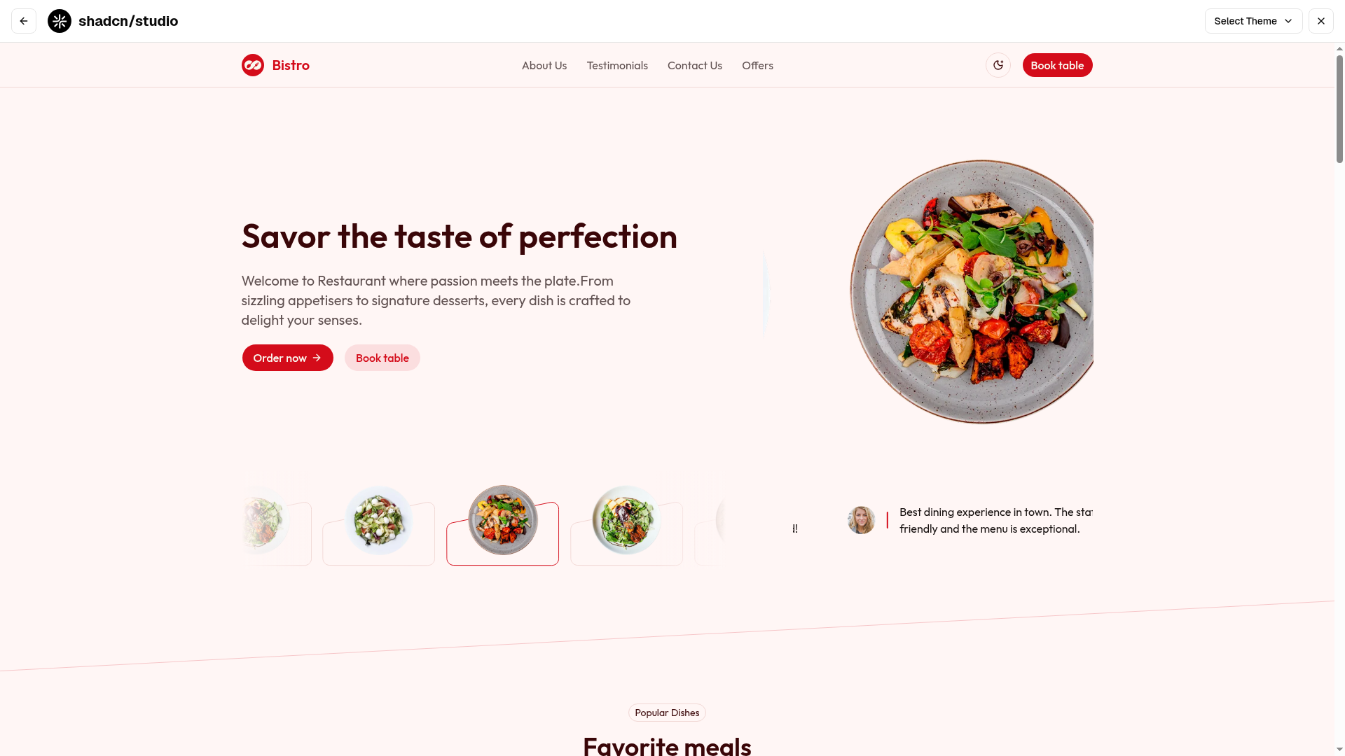 screenshot of Bistro - Shadcn UI Restaurant Landing Page Template on template0.com