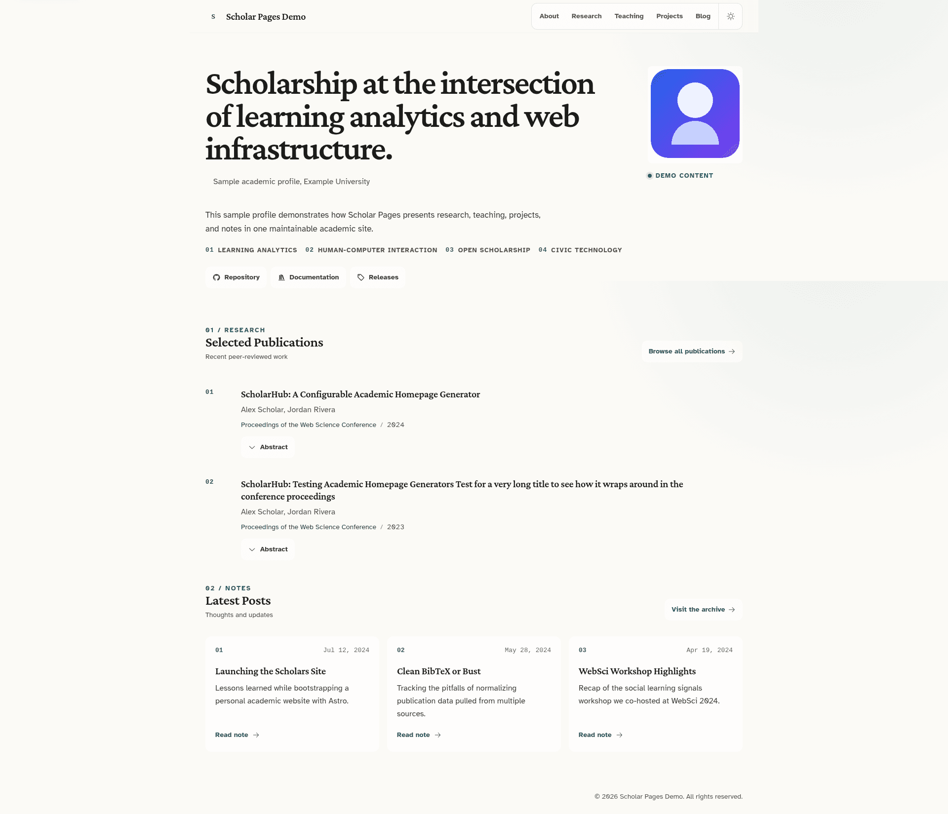 screenshot of Scholar Pages on template0.com