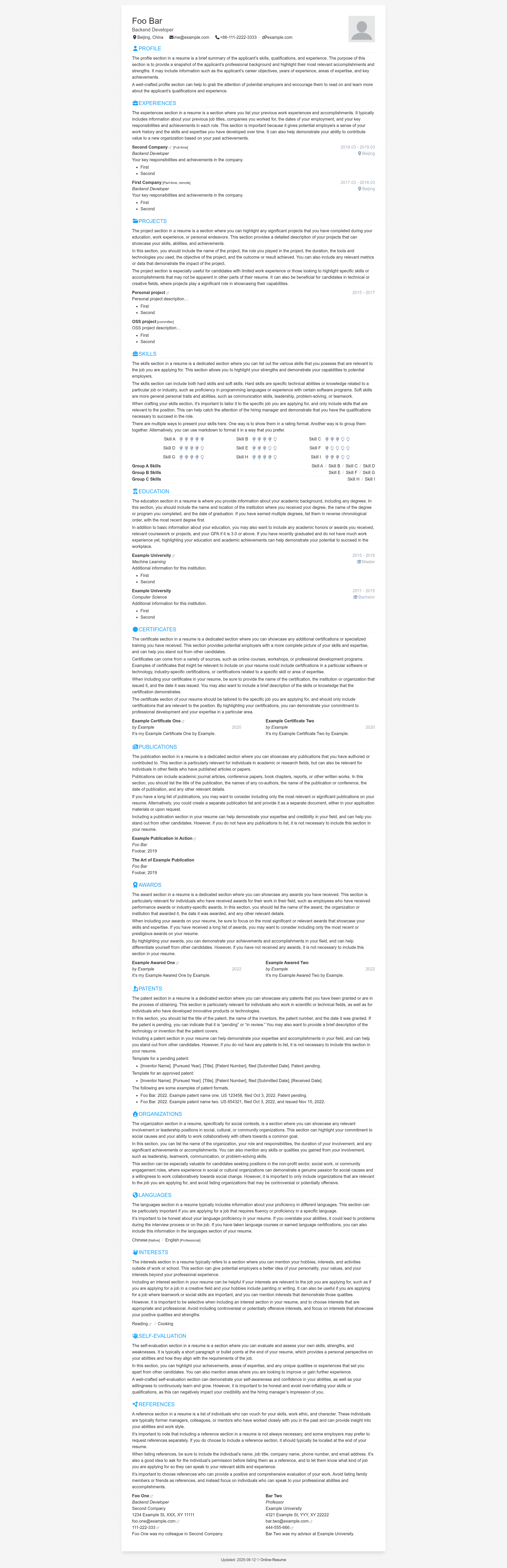 screenshot of Online-Resume on template0.com