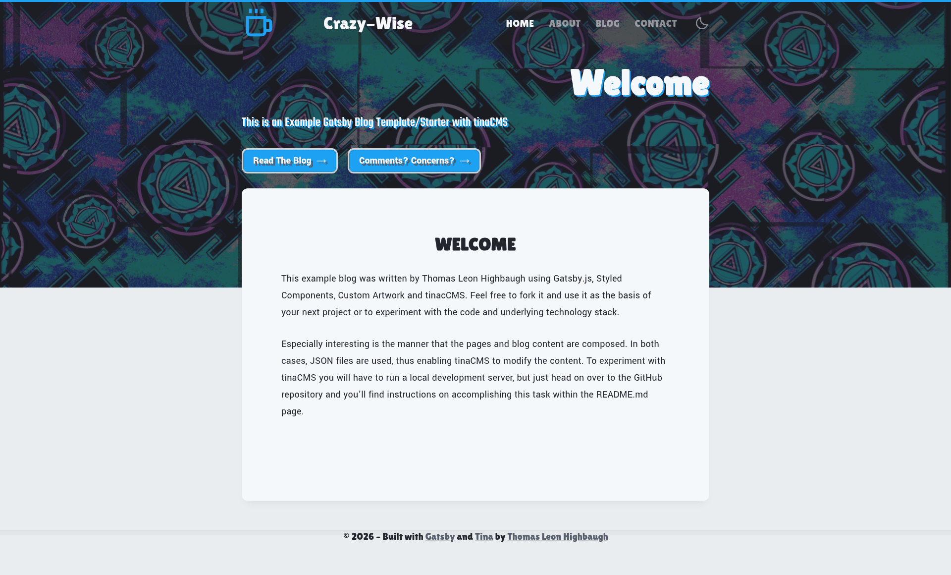 screenshot of Crazy Wise Gatsby Starter on template0.com