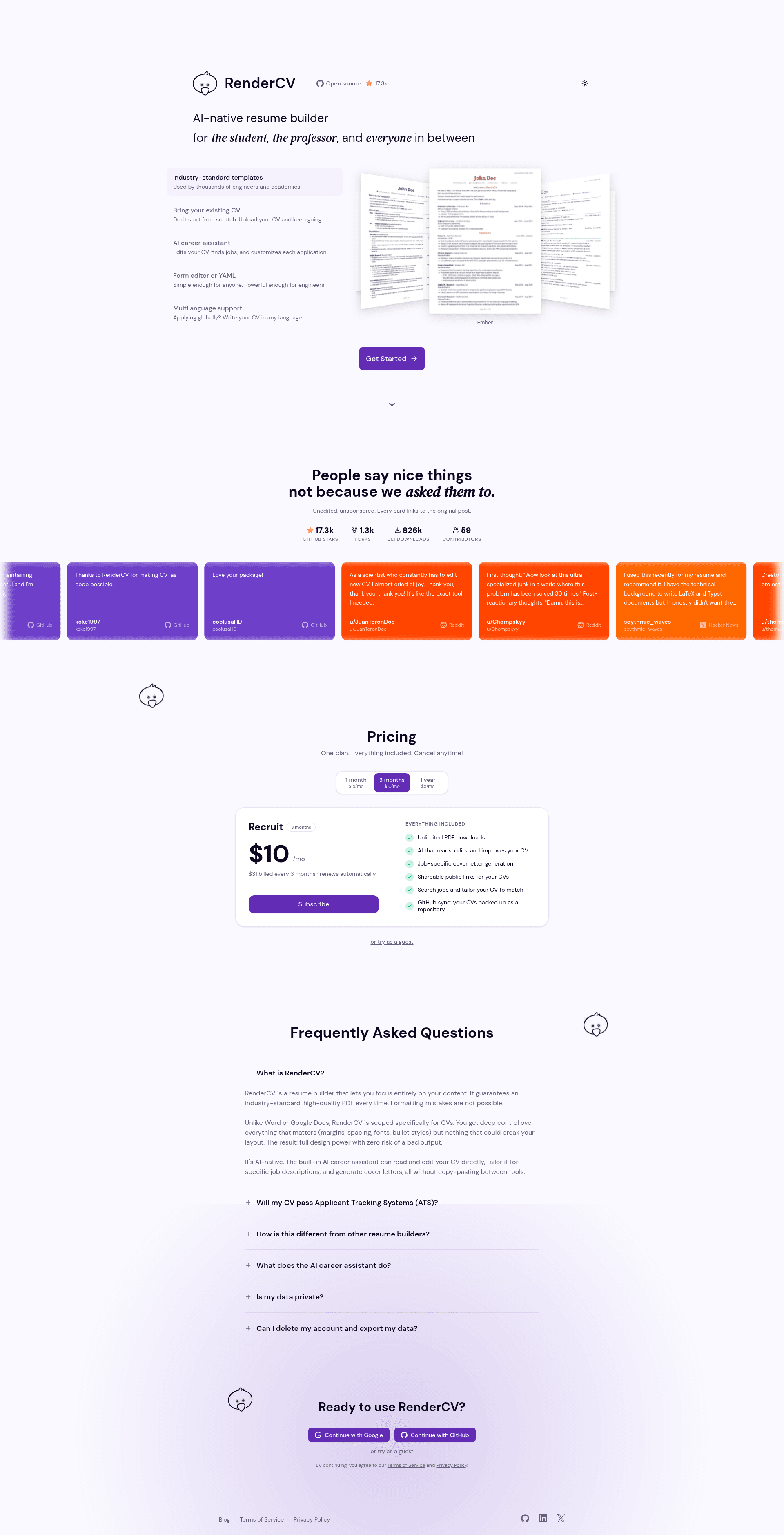 screenshot of RenderCV on template0.com