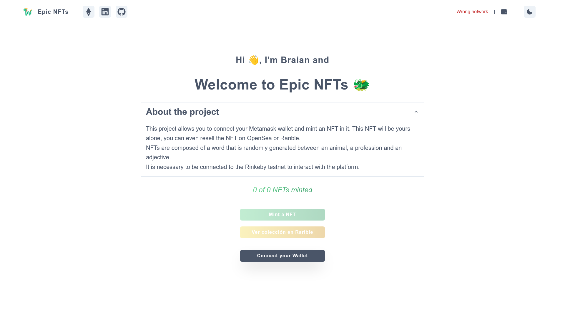 screenshot of Epic NFTs UI on template0.com