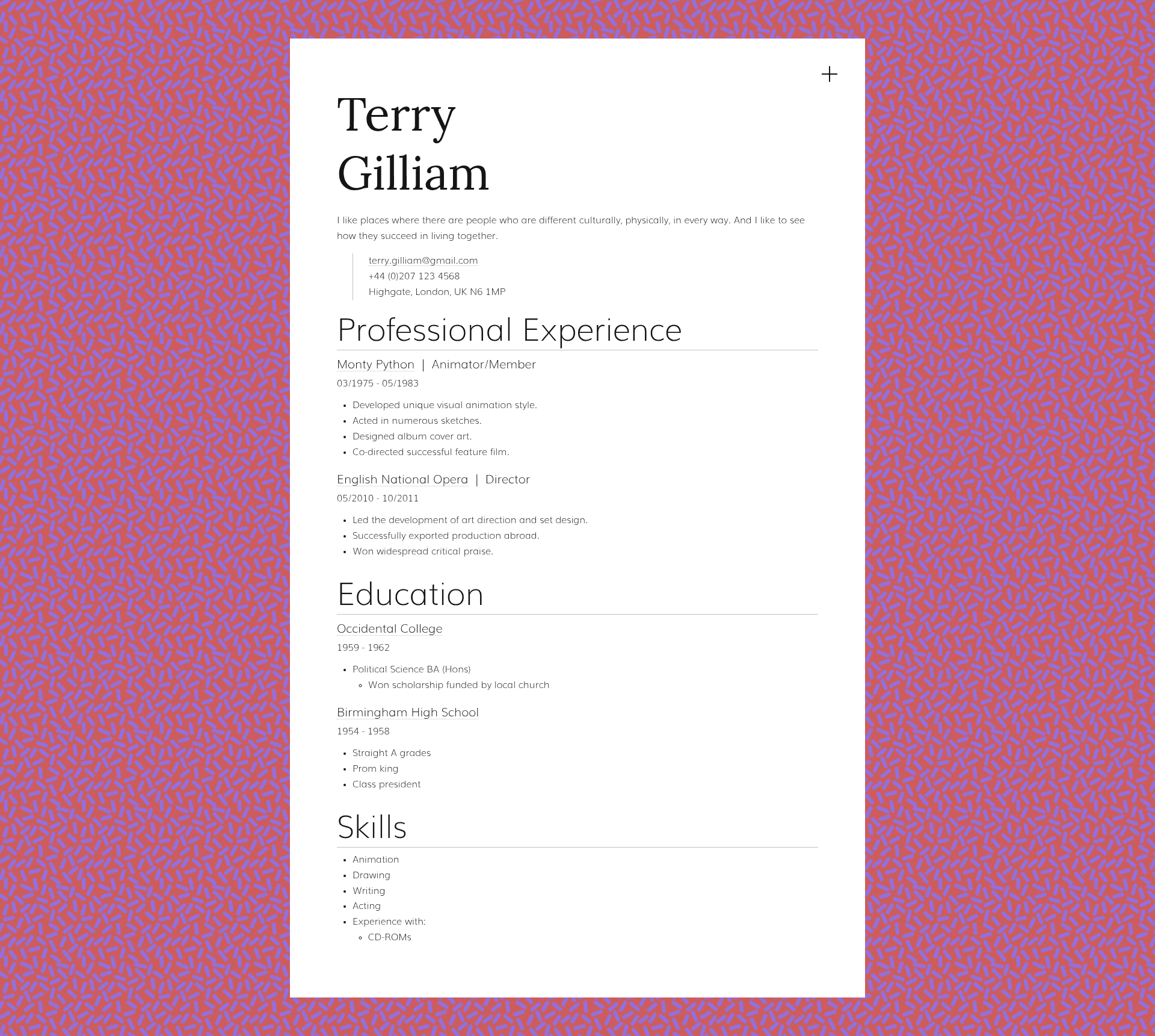 screenshot of CV-olio on template0.com
