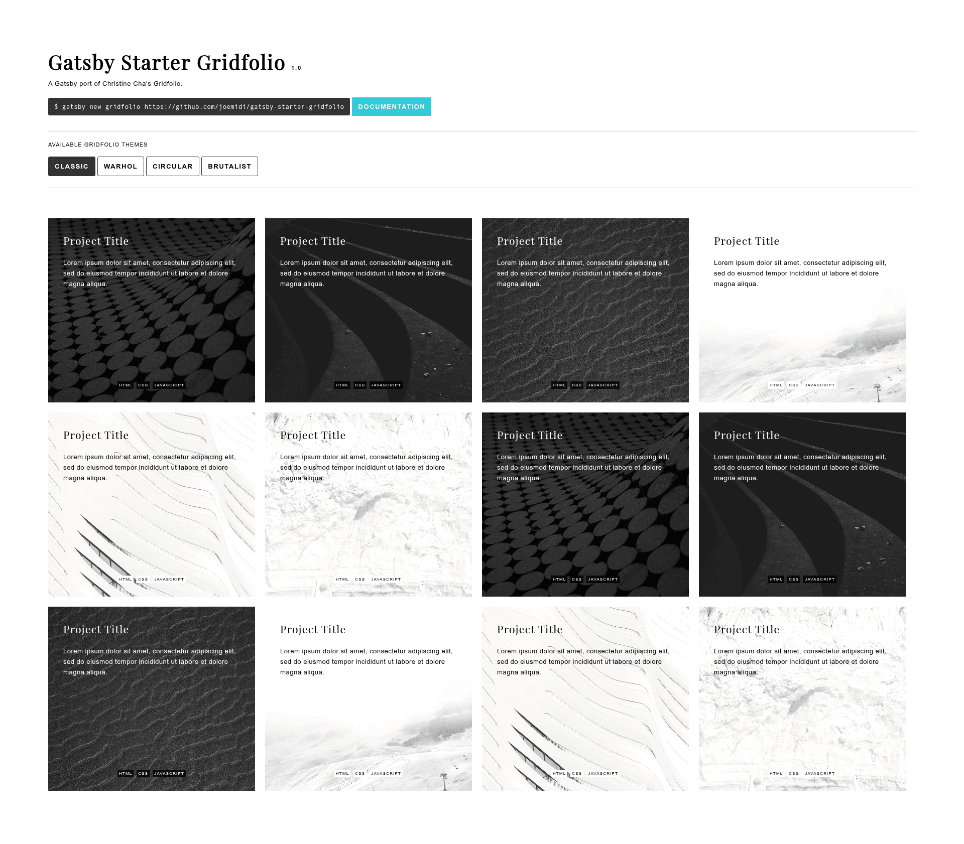 screenshot of Gatsby Starter Gridfolio on template0.com