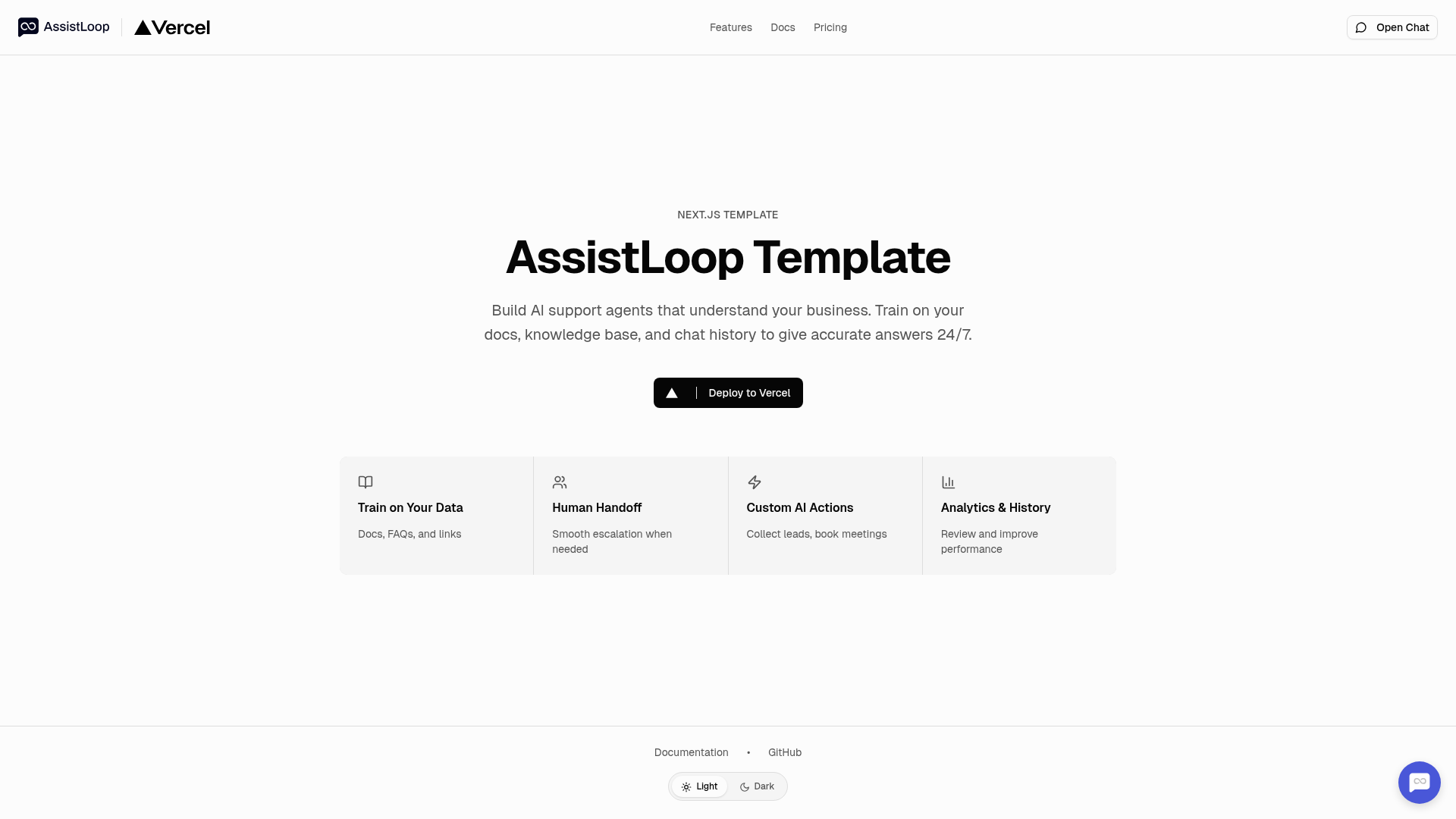 screenshot of Next.js AssistLoop Template on template0.com