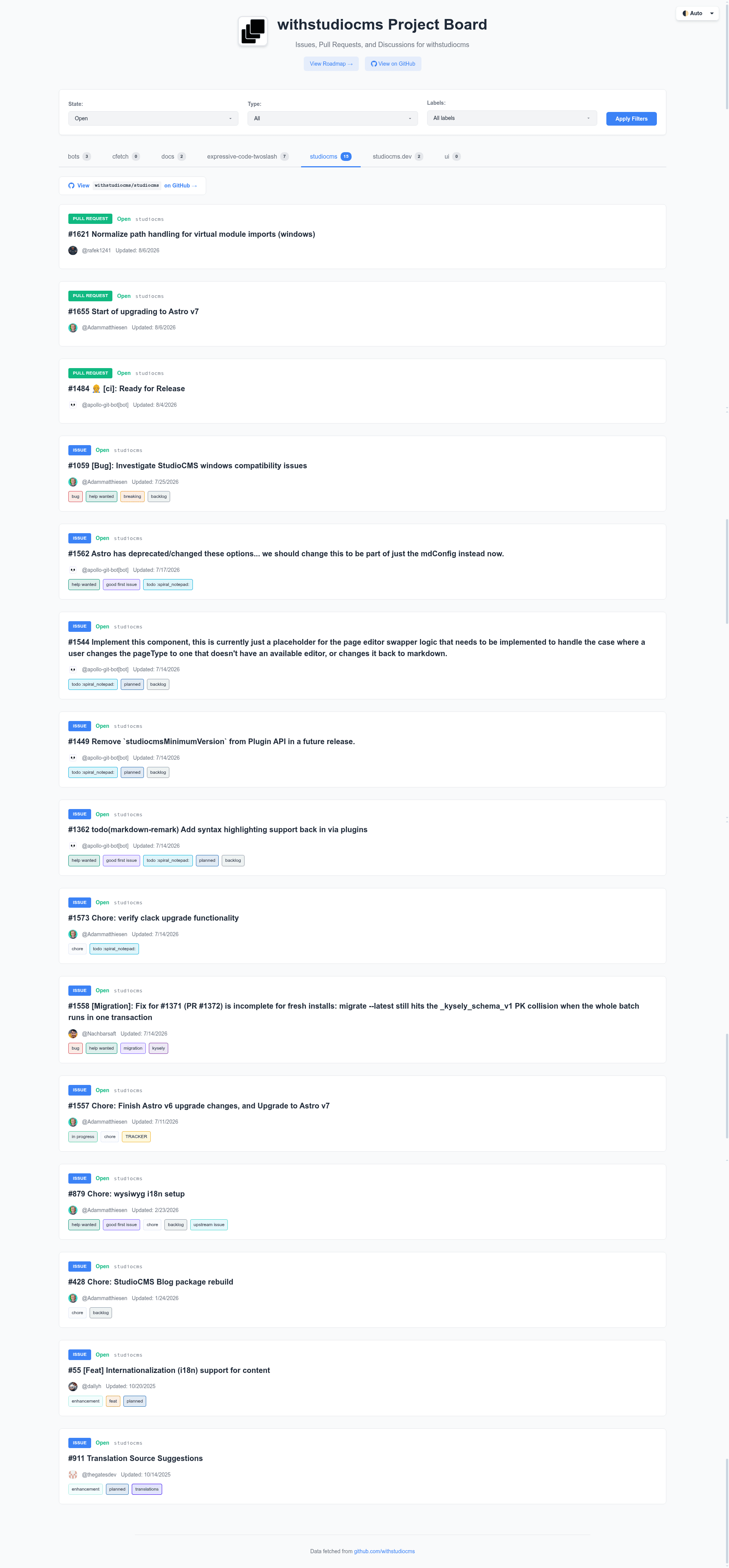 screenshot of GitHub Project Board on template0.com