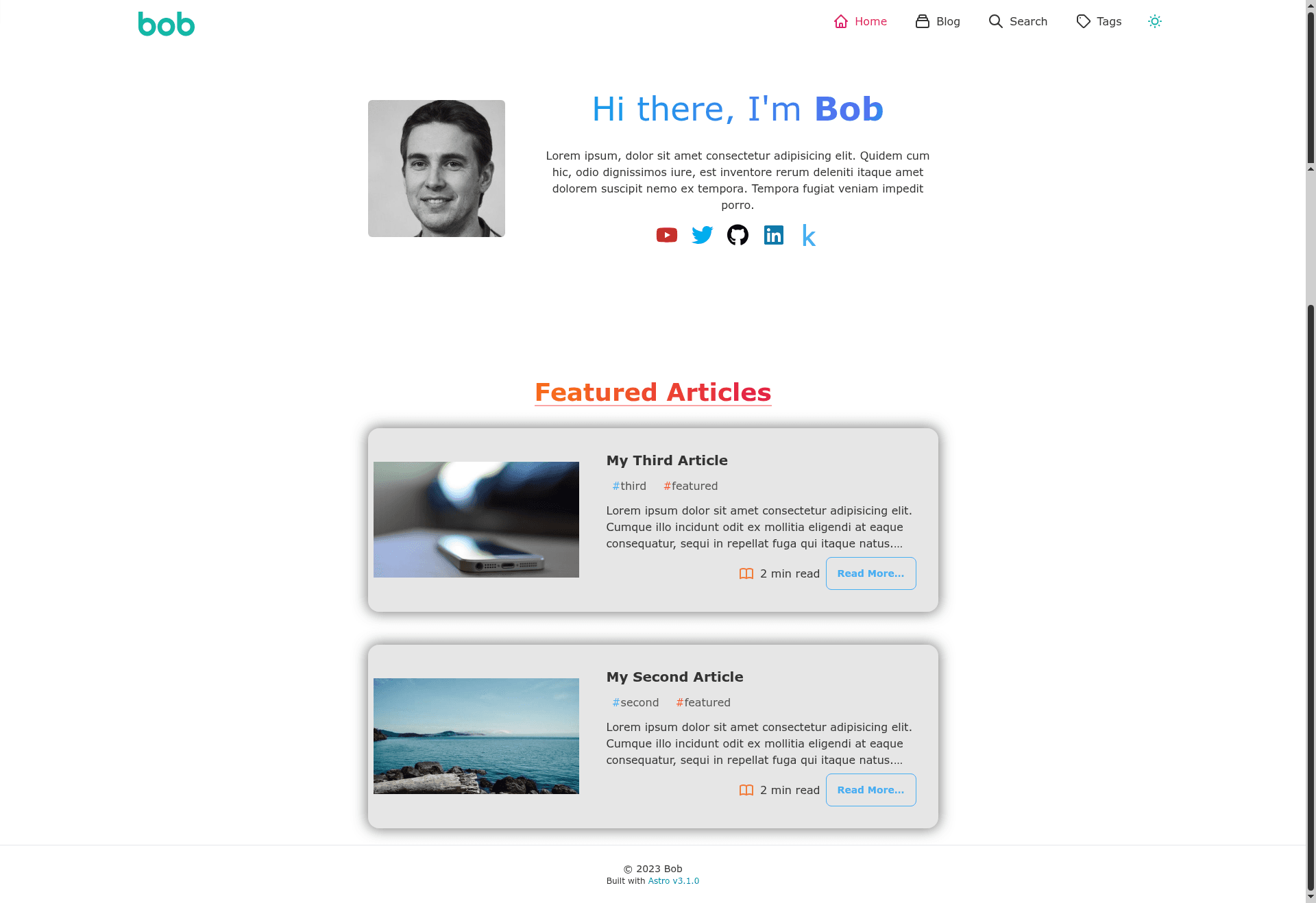 screenshot of Astro Bob's Blog on template0.com