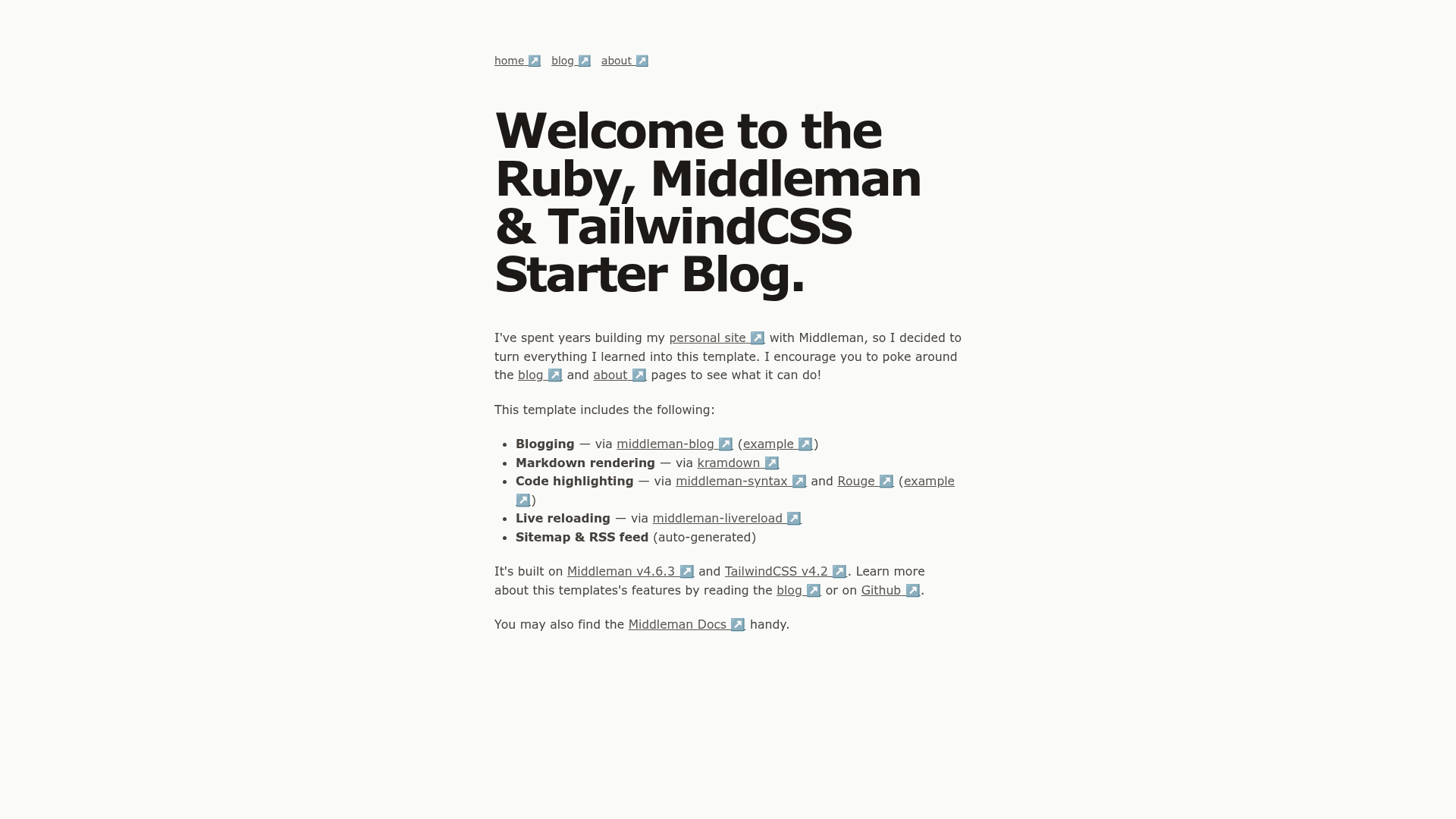 screenshot of Ruby, Middleman & Tailwind Starter Blog on template0.com