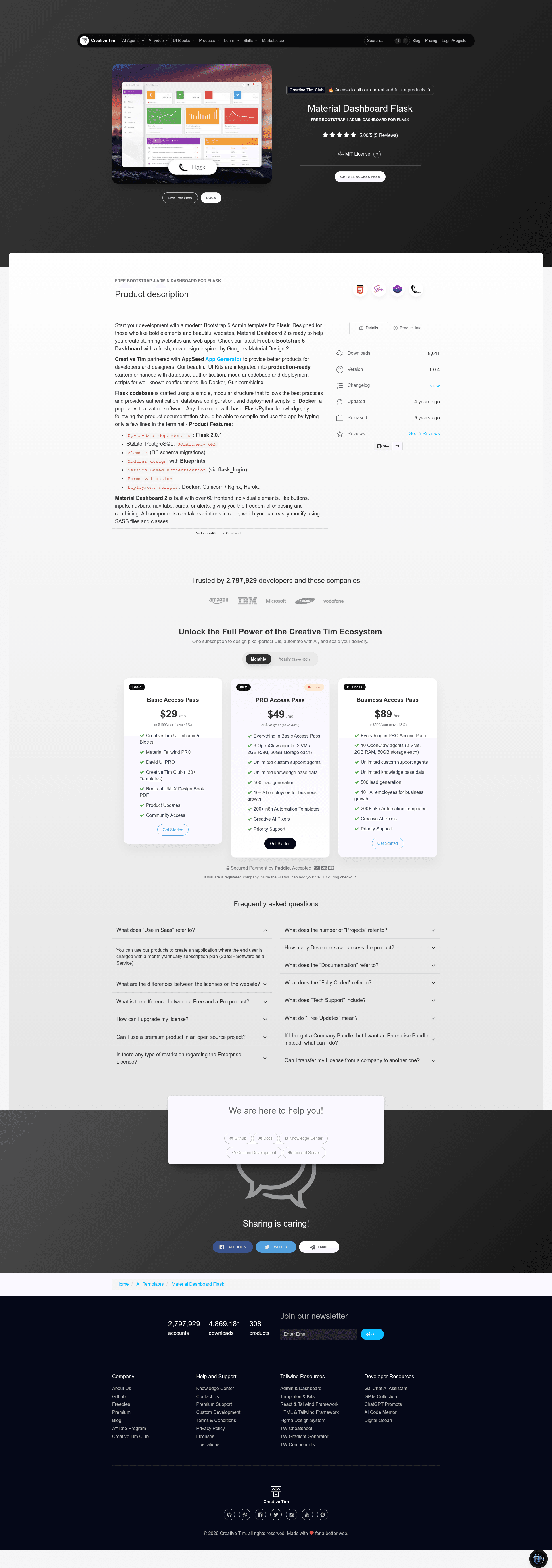 screenshot of Material Dashboard Flask on template0.com